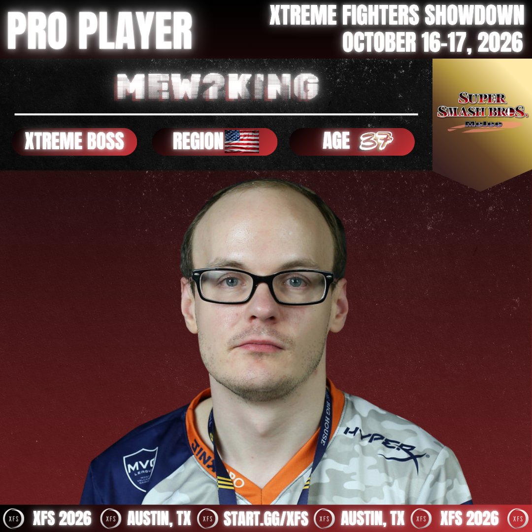 xfshowdown's tweet photo. A true LEGEND that has paved the way + been a leader, mentor, coach &amp; friend for countless members in the Smash scene is stepping into the XFS Arena! 👀

He needs no introduction other than... Welcome to #XFS2026 , @MVG_Mew2King ! 🤩 Can't wait to see you in Texas next month! 🤠 https://t.co/gUHPNV8eSQ