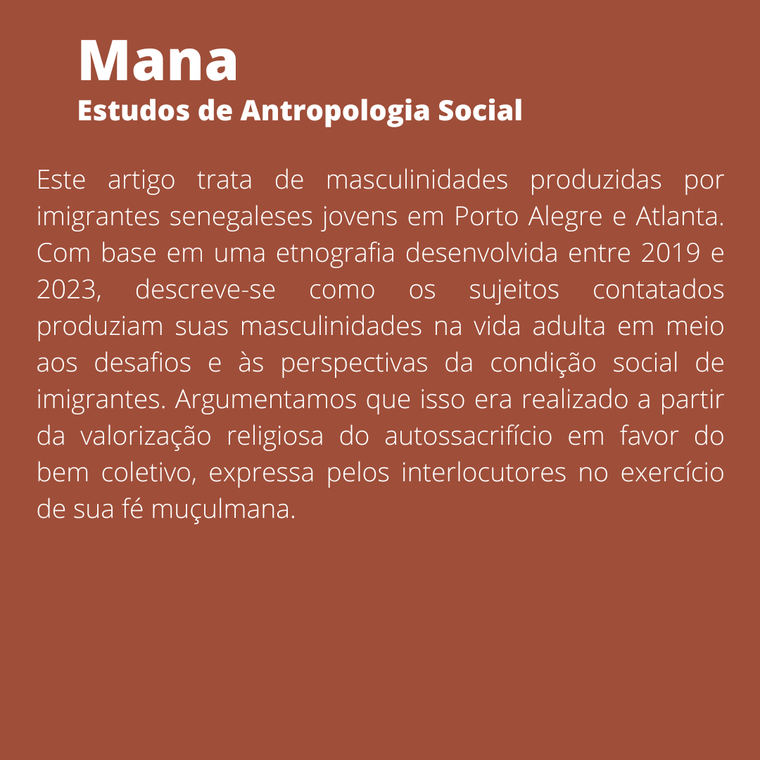 mana_revista's tweet photo. Nesta quarta-feira, recomendamos o artigo “Tornando-se homem ao migrar: masculinidades senegalesas em Porto Alegre (Brasil) e Atlanta (Estados Unidos)”, escrito por Filipe Seefeldt de Césaro e Ruben George Oliven.

Leia em: https://t.co/OHRhB8k1Qa https://t.co/bKoqQGm4cO