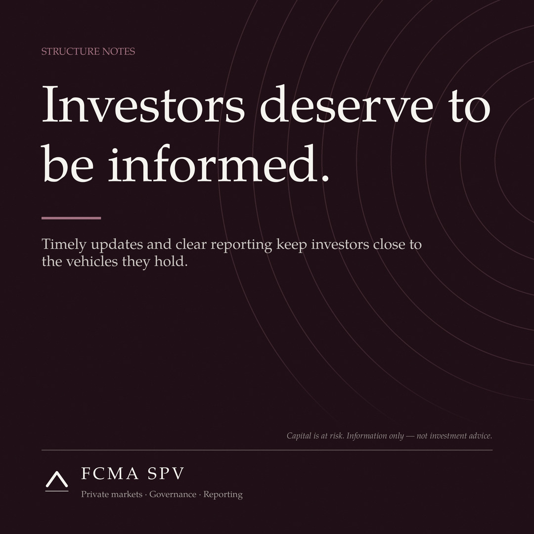 fcmaspv's tweet photo. Investors deserve to be informed.

Timely updates and clear reporting keep investors close to the vehicles they hold.

Capital is at risk. Information only — not investment advice.

#InvestorRelations #PrivateMarkets #FCMASPV https://t.co/pS4iMNdUgq
