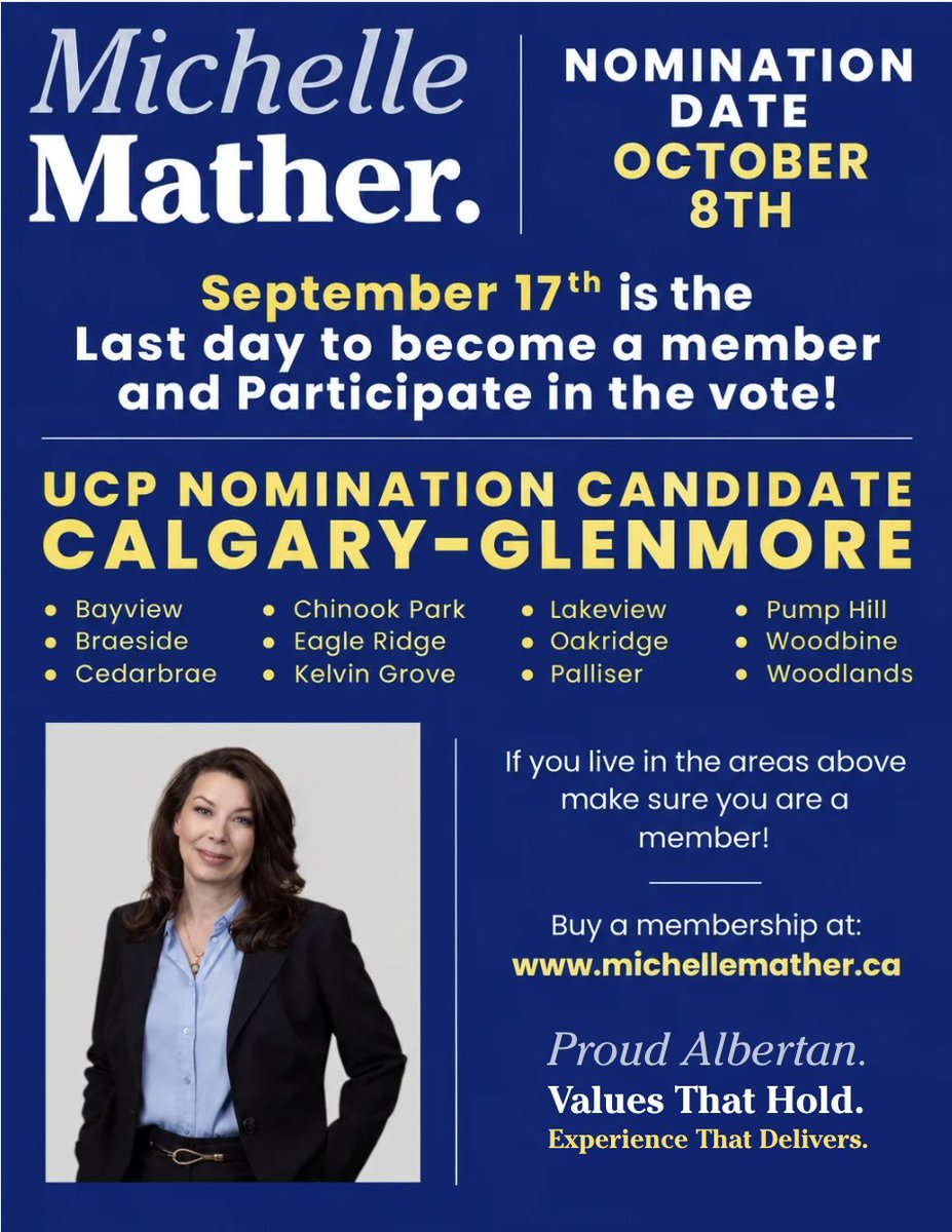 MatherMcalgary's tweet photo. 🎉 Exciting news, Calgary-Glenmore - we have a nomination vote date!

📅 Vote Date: October 8
⏰ Membership Deadline: TOMORROW, September 17

If you live in Calgary-Glenmore and want to participate in the UCP nomination vote, make sure your membership is purchased before the deadline.

Know someone who lives in Bayview, Braeside, Cedarbrae, Chinook Park, Eagle Ridge, Kelvin Grove, Lakeview, Oakridge, Palliser, Pump Hill, Woodbine or Woodlands? Share this with them and help spread the word!

👉 Purchase your membership at https://t.co/MwvPQUpGkj

Now more than ever, it’s important to get good candidates involved and ensure our communities have strong representation.

October 8 - mark your calendars! 🇨🇦
