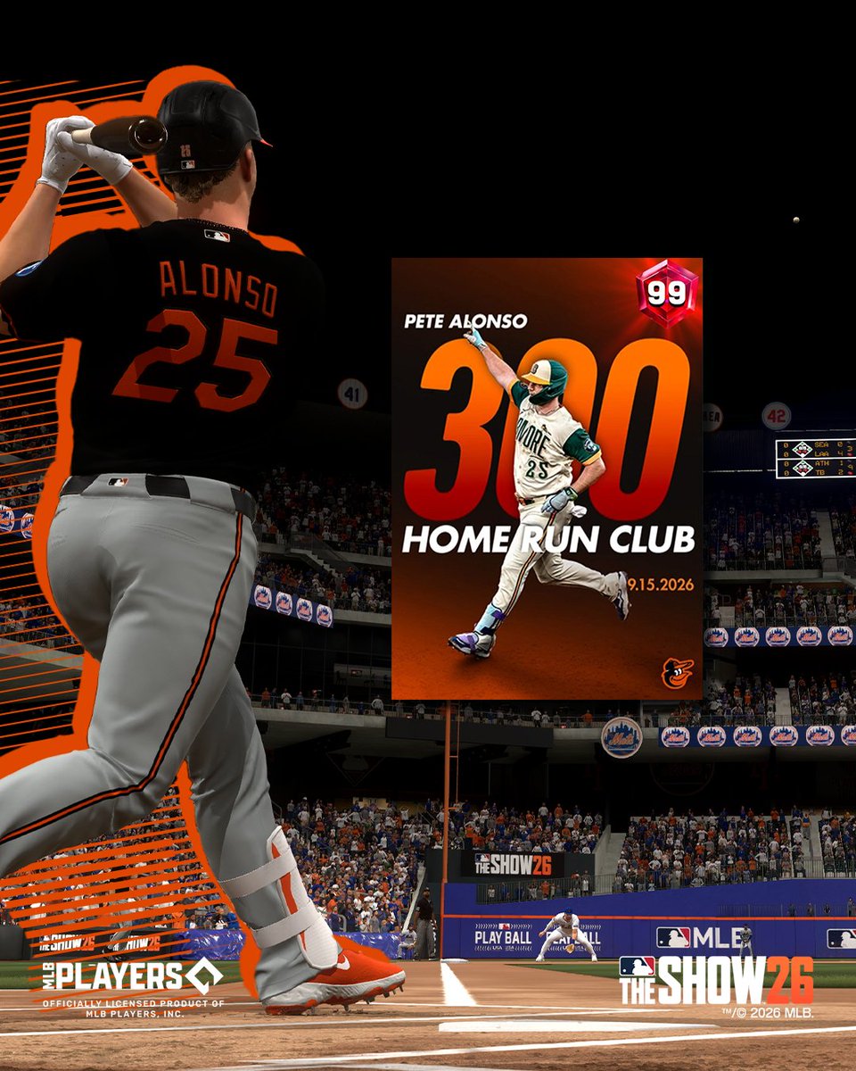 MLBTheShow's tweet photo. Pete Alonso just joined the 3️⃣0️⃣0️⃣ HR club! 💥

Celebrate his milestone in MLB The Show 26 by playing the Pete Alonso Program today around noon and adding the @Orioles first baseman to your squad. 🐻‍❄️🚀 https://t.co/nWSr6JTa1g