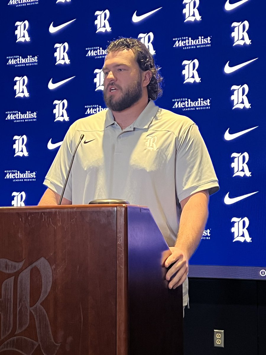 NateGriffFOX26's tweet photo. “They’re confident.” “They run around to the football very fast.” @_natebledsoe_, center, @RiceFootball, on facing Western Michigan this Saturday. https://t.co/CGtmo8NcNr
