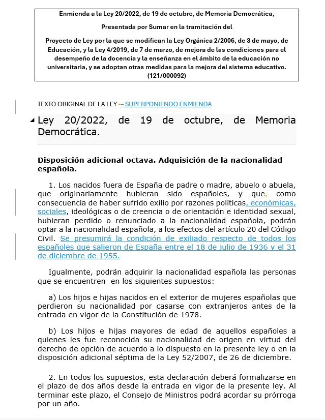 MunozAbrines's tweet photo. Hoy el grupo parlamentario @sumar ha registrado esta enmienda:👇👇

➡️Pretenden incluir en la tramitación de la Ley de Educación una disposición para modificar la redacción vigente de la llamada Ley de Nietos, para adquirir la nacionalidad.

Gracias por confirmar :
1️⃣Que el Gobierno y sus socios están dispuestos a todo. Esto es lo que se llama una “enmienda intrusa”. Es ajena al contenido de la ley y ,de acuerdo a la doctrina constitucional,es ILEGAL. 
2️⃣Que la Instrucción que aprobó la hermana de Oscar Puente era contraria a la Ley.
3️⃣Que el Tribunal Supremo tiene razón al paralizar la tramitación de la Ley de Nietos.

4️⃣Deja al pie de los caballos a @sanchezcastejon y a todos los ministros, especialmente Bolaños y Oscar “lobo solitario” López.
