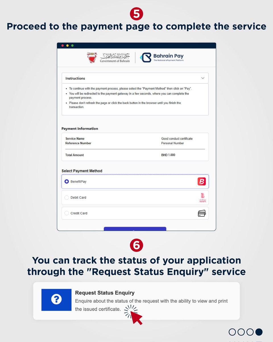 iGABahrain's tweet photo. With a few simple steps online, get your Good Conduct Certificate!
Whether you need to enroll at a university or apply for a new job, follow the steps to get your Good Conduct Certificate online via https://t.co/WzxIo5MfvH https://t.co/3qbjF1MrXc