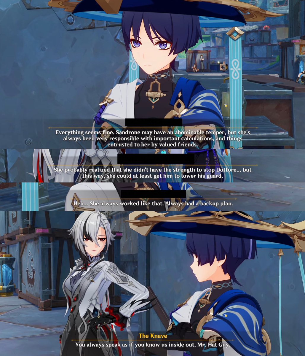nemohew's tweet photo. one of scara’s less-talked-about (and imo, underappreciated) qualities seems to be his knowledge of others. for example, despite his voice line for sandrone being dismissive, he’s shown to have a pretty good grasp of her character when it comes to it: https://t.co/UFh8JIoimt