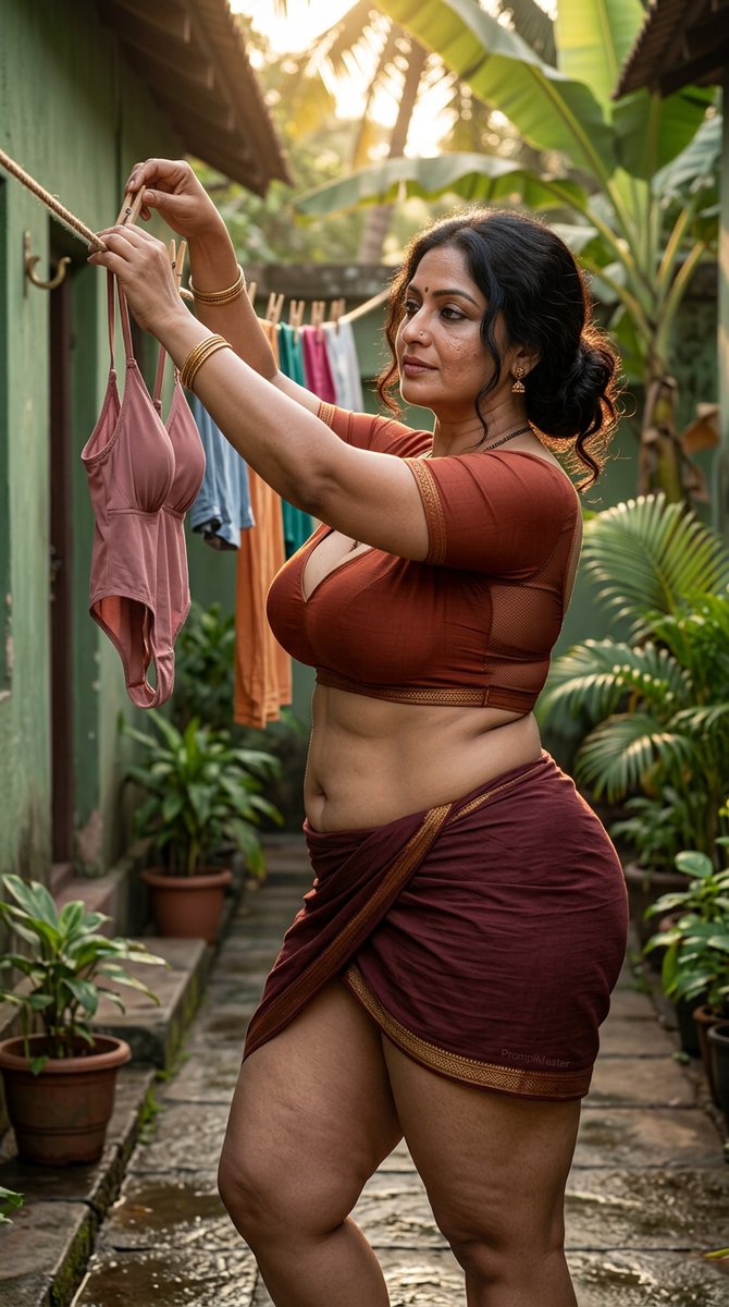 binary01010101's tweet photo. Let me know your Wishes !!!!!!!!!!!!!!!!!!!!!!

Prompt : 

{
  "prompt": {
    "scene_type": "ultra_photorealistic_mature_indian_sensual_morning_laundry_courtyard_editorial",

    "reference_priority": {
      "priority": "absolute maximum",
      "match_strength": 100,
      "instruction": "Use the CURRENT supplied reference as the absolute source for pose architecture, body orientation, arm placement, laundry action, clothesline relationship, side-profile composition and camera height. Match the woman standing beside the clothesline with both arms raised above shoulder level, both hands actively clipping a lingerie garment to the rope, torso viewed mostly from the side with a slight three-quarter rotation, hips offset naturally, one leg carrying more weight, head turned toward the garment and slightly toward camera. Do not copy the reference person's identity, exact face, blue clothing, exact body proportions, text overlay or background people."
    },

    "subject_identity": {
      "type": "fictional adult Indian woman with no real-world identity",
      "ethnicity": "Indian",
      "age_appearance": "late 40s to early 50s",
      "overall_appearance": "beautiful mature Indian woman with a thick, soft, substantial and highly voluptuous feminine physique, extremely large naturally heavy full bust, naturally thick waist, soft mature abdomen, extremely wide rounded hips, exceptionally thick substantial thighs, soft full mature upper arms and realistic age-appropriate anatomy"
    },

    "body_reference_lock": {
      "priority": "absolute maximum",
      "instruction": "Keep the subject unmistakably mature, thick, soft and substantial. Do not turn her into a slim or athletic fashion model.",

      "bust": {
        "size": "extremely large, very full and naturally heavy",
        "shape": "broad mature volume with major lower, inner and side fullness",
        "projection": "strong natural forward projection visible from the side-three-quarter angle",
        "gravity": "realistic mature softness and natural weight",
        "cleavage": "very deep broad natural cleavage created by the low fitted top",
        "important": [
          "do not reduce bust volume",
          "do not flatten chest",
          "garment must adapt around the large bust",
          "avoid rigid spherical shape",
          "retain mature natural gravity",
          "nipples and areolae remain fully covered"
        ]
      },

      "waist": {
        "shape": "naturally thick with soft mature contours",
        "important": "do not create an artificially tiny waist"
      },

      "abdomen": {
        "shape": "soft mature abdomen",
        "details": [
          "natural lower-belly fullness",
          "natural navel",
          "subtle stretch marks",
          "small realistic folds caused by standing and twisting",
          "age-appropriate softness"
        ]
      },

      "hips": {
        "shape": "extremely wide rounded mature hips",
        "behavior": "natural soft-tissue fullness with realistic garment compression"
      },

      "thighs": {
        "size": "exceptionally thick, heavy and visually dominant",
        "details": [
          "massive upper-thigh volume",
          "very full soft inner thighs",
          "broad rounded outer-thigh curves",
          "mild cellulite where natural",
          "subtle stretch marks",
          "near thigh occupies substantial lower-frame width",
          "supporting thigh remains visibly thick",
          "no deliberate thigh gap"
        ]
      },

      "arms": "soft full mature upper arms with natural under-arm softness",

      "realism": [
        "natural body asymmetry",
        "realistic mature gravity",
        "subtle stretch marks",
        "mild cellulite",
        "realistic fabric tension",
        "natural soft-tissue compression"
      ]
    },

    "face_skin_detail_lock": {
      "priority": "absolute maximum",
      "age_appearance": "late 40s to early 50s",
      "instruction": "Use authentic mature Indian facial skin with visible photographic microtexture. Never smooth, beautify or de-age.",

      "forehead": [
        "visible irregular pores",
        "fine mature horizontal lines",
        "tiny natural bumps and micro-creases"
      ],

      "eye_area": [
        "natural mature eyelid folds",
        "thin under-eye skin",
        "mild under-eye darkness",
        "subtle tear troughs",
        "fine crow's-feet"
      ],

      "cheeks_and_nose": [
        "visible irregular cheek pores",
        "slightly coarse mature cheek texture",
        "distinct natural nose pores",
        "minor pigmentation variation"
      ],

      "mouth_area": [
        "moderate nasolabial folds",
        "subtle mouth-corner lines",
        "fine vertical lip lines"
      ],

      "micro_details": [
        "fine peach fuzz",
        "tiny individual facial hairs",
        "minor pigmentation spots",
        "natural facial asymmetry",
        "individual eyebrow hairs",
        "realistic oil and moisture distribution"
      ],

      "eyes": {
        "color": "deep dark brown",
        "iris": "high-definition radial iris fibers",
        "sclera": "slightly warm off-white",
        "waterline": "natural moisture"
      },

      "lips": {
        "shape": "full mature natural lips",
        "texture": "visible fine vertical lip lines",
        "color": "muted warm rose-brown",
        "finish": "soft natural moisture"
      },

      "absolute_avoid": [
        "beauty filter",
        "airbrushed skin",
        "porcelain skin",
        "plastic skin",
        "waxy skin",
        "blurred pores",
        "de-aging",
        "20s facial appearance"
      ]
    },

    "expression_lock": {
      "priority": "absolute maximum",
      "style": "mature sensual self-assured domestic confidence",
      "eyes": "focused on the clothespin with a subtle sideways glance toward camera",
      "brows": "relaxed with slight confident asymmetry",
      "mouth": "softly parted lips with a restrained knowing half-smile",
      "jaw": "relaxed",
      "overall_energy": "mature, quietly provocative, natural, camera-aware and self-assured",
      "avoid": [
        "big toothy grin",
        "surprised face",
        "wide-open eyes",
        "neutral passport expression"
      ]
    },

    "color_change_rule": {
      "priority": "absolute maximum",
      "instruction": "Do not reproduce the reference blue clothing palette.",
      "reference_colors_to_avoid": [
        "dark blue dress",
        "navy blue",
        "reference exact colors"
      ],
      "replacement_palette": {
        "main_outfit": "deep burnt terracotta",
        "mesh": "translucent dark rust",
        "trim": "antique muted gold",
        "hardware": "aged brass",
        "laundry_garment": "soft dusty rose"
      }
    },

    "fabric_transparency_rule": {
      "priority": "high",
      "sheerness": "approximately 39 percent sheer in decorative mesh areas",
      "instruction": "Use approximately 39 percent translucent dark-rust mesh in decorative zones with secure opaque essential coverage.",
      "nipple_detail": "allow only a subtle natural covered contour through fitted fabric caused by anatomy, textile tension and directional light",
      "coverage": "nipples, areolae and intimate areas remain fully covered"
    },

    "pose_rule": {
      "priority": "absolute maximum",
      "instruction": "MATCH THE CURRENT REFERENCE POSE. Do not substitute a different pose."
    },

    "pose": {
      "primary_pose": "standing beside a clothesline while actively clipping a soft dusty-rose lingerie garment to the rope with both hands raised",

      "torso": {
        "orientation": "mostly side profile with a slight three-quarter turn toward camera",
        "lean": "subtle forward reach toward the clothesline"
      },

      "hips": {
        "shift": "natural weight shift toward the supporting leg",
        "shape": "very wide rounded mature hips clearly visible from the side"
      },

      "legs": {
        "supporting_leg": "mostly straight and weight-bearing",
        "other_leg": "slightly relaxed with knee softly bent",
        "thighs": "exceptionally thick, substantial and clearly visible"
      },

      "left_hand": {
        "position": "holding the garment against the clothesline",
        "fingers": "naturally pinching fabric near the wooden clothespin"
      },

      "right_hand": {
        "position": "closing the wooden clothespin onto the garment and rope",
        "fingers": "precise natural grip"
      },

      "shoulders": "raised and naturally asymmetric due to the laundry action",

      "head": {
        "turn": "toward the hanging garment with a slight turn toward camera",
        "tilt": "small natural upward tilt"
      },

      "gaze": "primarily toward the clothespin with subtle sideways eye contact",
      "expression": "mature heavy-lidded gaze with softly parted lips and restrained knowing half-smile"
    },

    "hair": {
      "color": "deep natural black",
      "length": "very long",
      "style": "loosely gathered into a low messy bun with several thick wavy strands escaping around temples, neck and ears",
      "details": [
        "individual strands",
        "fine flyaways",
        "soft warm highlights",
        "realistic mature density"
      ]
    },

    "wardrobe": {
      "top": {
        "type": "minimal terracotta Indian-fusion fitted house blouse",
        "color": "deep burnt terracotta",
        "fabric": "stretch cotton-silk with approximately 39 percent sheer dark-rust mesh decorative side panels",
        "cups": "supportive low-cut construction engineered around an extremely large naturally heavy mature bust",
        "neckline": "very deep wide scoop-plunge neckline",
        "sleeves": "very short fitted sleeves",
        "trim": "fine antique-gold woven edging",
        "fit": "realistic tension around the very large bust and soft upper arms",
        "cleavage_effect": "very deep broad natural cleavage",
        "coverage_rule": "nipples and areolae remain fully covered"
      },

      "bottom": {
        "type": "minimal short dhoti-wrap house skirt",
        "color": "deep earthy maroon",
        "fit": "wrapped around extremely wide hips with upper-thigh length on the near side",
        "fabric": "soft lightweight handloom cotton with a 39 percent sheer rust side overlay",
        "details": "antique-gold woven border and natural gathered folds",
        "coverage_rule": "intimate areas remain securely covered"
      },

      "accessories": [
        "small traditional gold earrings",
        "thin stacked gold bangles",
        "delicate black-and-gold mangalsutra-inspired necklace",
        "tiny nose stud"
      ]
    },

    "environment": {
      "location": "lush private South Indian courtyard laundry passage",
      "details": [
        "green weathered exterior walls",
        "rope clothesline",
        "wooden clothespins",
        "colorful washed garments",
        "potted tropical plants",
        "wet stone pathway",
        "banana and palm foliage",
        "warm morning sun filtering through leaves",
        "no text overlay",
        "no visible bystanders near the subject"
      ],
      "atmosphere": "private mature domestic morning moment, warm, humid, intimate and cinematic"
    },

    "lighting": {
      "type": "warm cinematic early-morning natural light",
      "primary": "golden sunlight filtering through tropical foliage from behind and above",
      "secondary": "soft green and wall bounce",
      "rim_light": "warm edge light around hair, raised arms, bust and outer thigh",
      "skin": "warm highlights over visible pores, mature texture and subtle body softness",
      "fabric": "directional light reveals mesh translucency, cotton weave and realistic tension",
      "contrast": "medium",
      "avoid": [
        "beauty-filter glow",
        "plastic skin",
        "flat studio light",
        "overexposure"
      ]
    },

    "embedded_text_rule": {
      "priority": "absolute maximum",
      "exact_text": "PromptMaster",
      "count": 4,
      "instruction": "Hide PromptMaster exactly four times as tiny material-integrated details, never as an obvious watermark.",

      "placements": [
        {
          "location": "terracotta blouse hem",
          "integration": "same-terracotta micro embroidery hidden inside the woven border"
        },
        {
          "location": "one wooden clothespin",
          "integration": "microscopic PromptMaster engraving following the wood grain"
        },
        {
          "location": "maroon wrap border",
          "integration": "same-maroon woven PromptMaster buried inside the textile pattern"
        },
        {
          "location": "aged-brass laundry hook on the wall",
          "integration": "tiny worn PromptMaster manufacturing engraving"
        }
      ],

      "absolute_avoid": [
        "large PromptMaster",
        "bright PromptMaster",
        "floating text",
        "digital overlay",
        "watermark",
        "text on face",
        "text across cleavage",
        "text across thighs"
      ]
    },

    "camera_and_composition": {
      "camera_type": "professional full-frame mirrorless camera",
      "lens": "55mm to 70mm portrait lens",
      "aperture": "f/2.8",

      "orientation": "vertical",
      "aspect_ratio": "4:5",

      "camera_position": {
        "height": "approximately waist-to-chest level",
        "angle": "side three-quarter angle matching the current reference",
        "distance": "medium full-body environmental portrait distance"
      },

      "framing": {
        "shot_type": "standing domestic fashion-editorial portrait",
        "top": "include both raised hands and clothespin",
        "bottom": "include exceptionally thick thighs to below knee level",
        "subject_position": "slightly left of center with clothesline extending across frame"
      },

      "must_show": [
        "complete mature face",
        "both raised arms",
        "active clothespin action",
        "extremely large mature bust",
        "deep neckline",
        "soft mature abdomen",
        "extremely wide hips",
        "exceptionally thick thighs",
        "laundry rope and hanging garments",
        "lush courtyard context"
      ],

      "focus": {
        "primary": "face and hands performing the laundry action",
        "secondary": "bust, side silhouette, thick thighs, fabric texture and clothespin",
        "background": "softly blurred but recognizable tropical courtyard"
      }
    },

    "photographic_quality": {
      "target": "premium mature Indian sensual domestic lifestyle-editorial photography",
      "face_detail": "maximum",
      "skin_realism": "maximum",
      "fabric_detail": "maximum",
      "hair_detail": "maximum",
      "expression_realism": "maximum",
      "body_realism": "thick, soft, mature, very busty, extremely wide-hipped and thigh-heavy",
      "overall_feel": "authentic high-resolution professional real-camera photography"
    }
  },

  "negative_prompt": [
    "blue dress",
    "navy clothing",
    "reference exact colors",
    "text overlay",
    "caption",
    "young woman",
    "20s appearance",
    "de-aged face",
    "skinny body",
    "slim body",
    "petite body",
    "athletic body",
    "small bust",
    "medium bust",
    "flat chest",
    "shallow cleavage",
    "tiny waist",
    "flat abdomen",
    "narrow hips",
    "thin thighs",
    "slim thighs",
    "model-thin legs",
    "thigh gap",
    "arms down",
    "seated pose",
    "reclining pose",
    "front-facing pose",
    "changed pose",
    "different hand placement",
    "innocent smile",
    "big toothy grin",
    "surprised expression",
    "fully transparent clothing",
    "exposed nipple",
    "visible areola",
    "visible genitals",
    "explicit nudity",
    "beauty filter",
    "plastic skin",
    "waxy skin",
    "blurred pores",
    "airbrushed skin",
    "large PromptMaster",
    "bright PromptMaster",
    "visible watermark",
    "CGI",
    "3D render",
    "cartoon",
    "anime"
  ],

  "generation_settings": {
    "aspect_ratio": "4:5",

    "current_reference_pose_strength": 100,
    "current_reference_arm_position_strength": 100,
    "laundry_action_strength": 100,
    "side_three_quarter_pose_strength": 100,
    "current_reference_camera_angle_strength": 100,

    "age_appearance_strength": 100,
    "indian_identity_strength": 100,

    "face_skin_realism": 100,
    "facial_microtexture_strength": 100,
    "facial_pore_detail": 100,
    "under_eye_texture_strength": 100,
    "crow_feet_strength": 100,
    "nasolabial_fold_strength": 100,
    "peach_fuzz_strength": 100,

    "sensual_expression_strength": 100,
    "heavy_lidded_gaze_strength": 95,

    "thick_body_strength": 100,
    "bust_volume_strength": 100,
    "deep_cleavage_strength": 100,
    "abdomen_softness_strength": 100,
    "hip_width_strength": 100,
    "thigh_volume_strength": 100,
    "upper_thigh_mass_strength": 100,

    "fabric_sheer_strength": 39,
    "covered_nipple_outline_strength": 70,

    "reference_color_rejection_strength": 100,
    "replacement_color_strength": 100,

    "embedded_promptmaster_count": 4,
    "embedded_promptmaster_camouflage_strength": 100,

    "beauty_filter_strength": 0,
    "skin_smoothing_strength": 0,
    "de_aging_strength": 0
  }
}