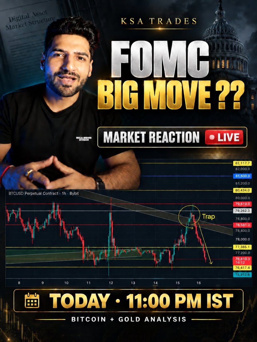thisisksa's tweet photo. Today’s live is now at 11:00 PM IST ! 🤝

I’ll be with you during FOMC volatility to break down Bitcoin &amp; Gold moves, discuss trading scenarios and stay focused on risk management.

[Join us live on YouTube 👇](https://t.co/mzqAJO8wmR) https://t.co/8OibgQqTs3