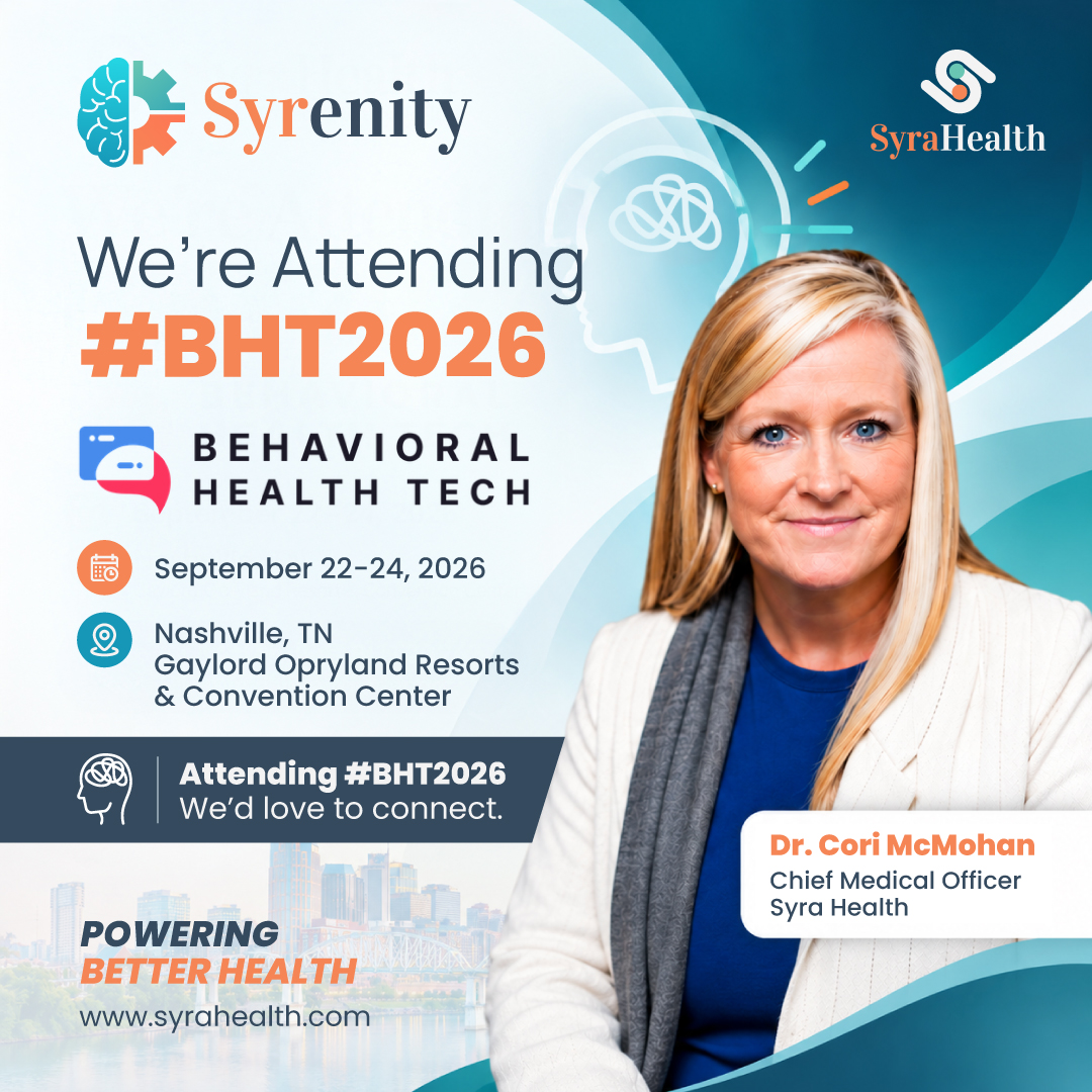 syrahealth's tweet photo. @syrahealth is Headed to #BHT2026 in Nashville!

Dr. Cori McMahon, Chief Medical Officer at Syra Health, will be attending the Behavioral Health Tech Conference, September 22–24 in Nashville, TN.

We look forward to connecting with behavioral health leaders and sharing how Syrenity is helping advance mental and behavioral health through technology.

Attending #BHT2026? We’d love to connect!

#BehavioralHealthTech #SyraHealth #Syrenity #BehavioralHealth #MentalHealth #DigitalHealth