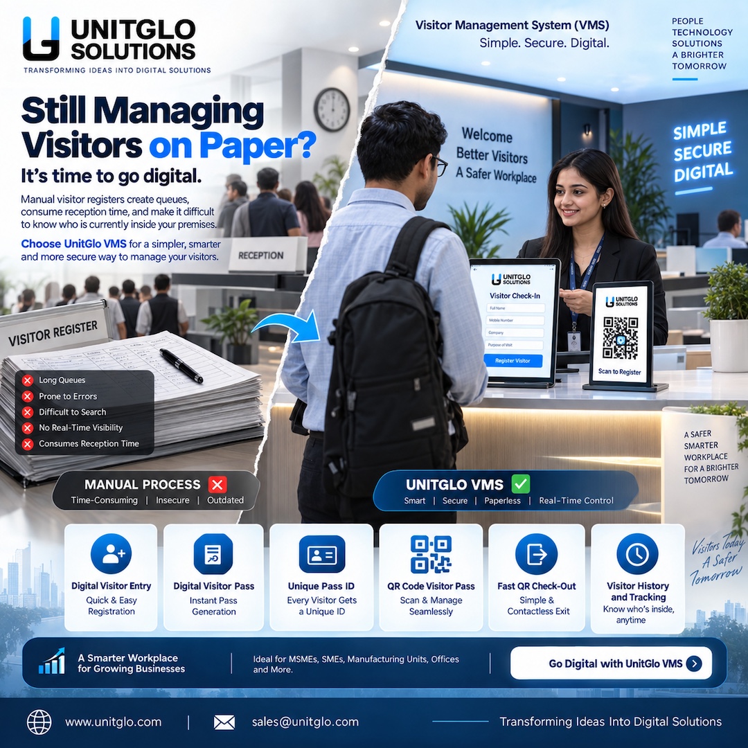 UnitgloSolution's tweet photo. Still using paper visitor registers? Go digital with UnitGlo VMS. Get quick registration, digital passes, unique IDs, QR check-in/out &amp; visitor tracking. Simple. Secure. Digital. 
https://t.co/5nvKIe5Vpr | sales@unitglo.com
#VisitorManagement #MSME #vms #digitization #security https://t.co/TrGx2PLHYx