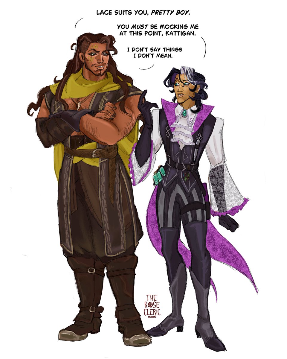 therosecleric's tweet photo. self indulgent but since i'm making a comic with these two I needed to figure out how to draw their new outfits in my style. so have some playful imaginary kocctis :) #criticalrole #criticalrolefanart https://t.co/vSe1yeUPjA