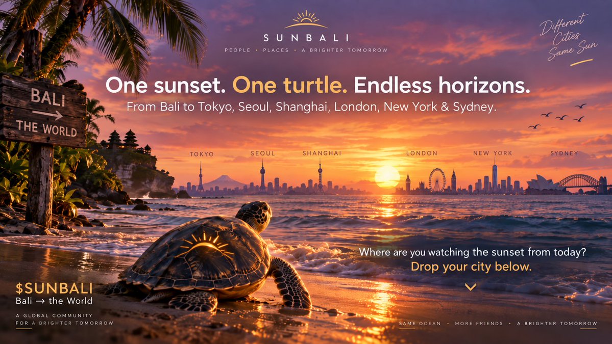 SunsetBaliCoin's tweet photo. 🌅 One sunset. One turtle. Endless horizons. 🐢

From Bali to Tokyo, Seoul, Shanghai, New York, London & Sydney. 🌏

Different cities. Same sunset. One community.

Where are you watching the sunset from today? 👀

Drop your city below! 👇

Bali → the World. 🌍

$SUNBALI #SUNBALI #Solana #Bali