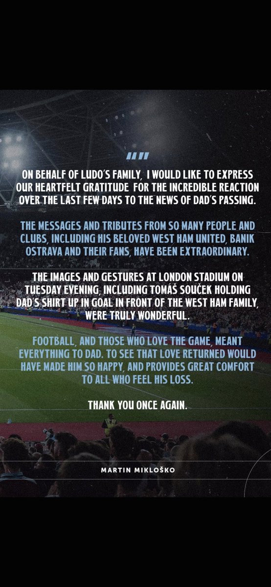 BillyBondsStand's tweet photo. A message from Ludo's son Martin Miklosko 😔👏👏⚒️ https://t.co/tDDewD5rTF