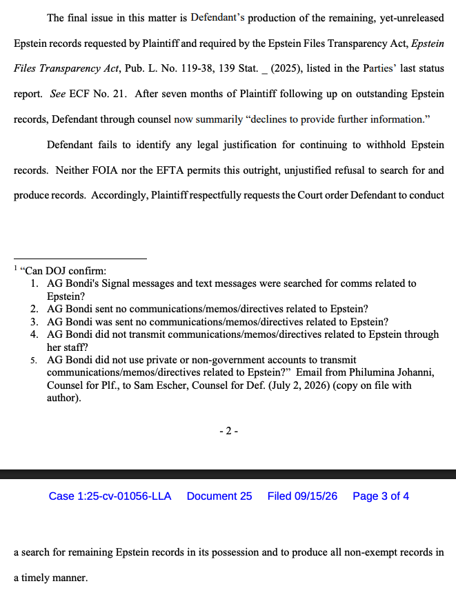 JayShams's tweet photo. A former Judicial Watch lawyer was hired by the Trump administration to oversee all FOIA requests, as @benjaminpenn previously reported.

But the DOJ *still* isn't fulfilling Judicial Watch's FOIA requests for the DOJ's unreleased Jeffrey Epstein files, per a court filing. https://t.co/IewqjIyxtf