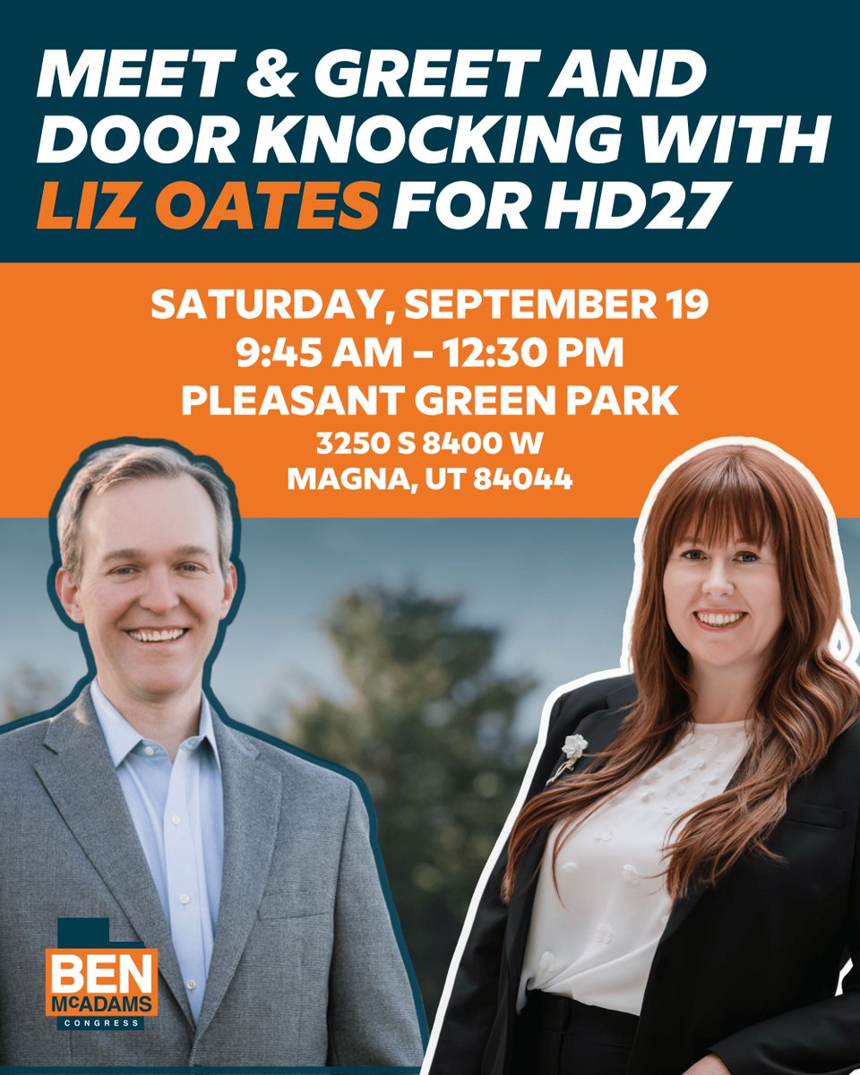 BenMcAdams's tweet photo. I'm spending this Saturday, Sept. 19th, out with Liz Oates, Sen. Karen Kwan, Rep. Jake Fitisemanu, Rosemary Lesser, CJ Hernandez, and Peter Crosby — because winning UT-01 isn't enough. We have to keep building the bench underneath it, in every corner of this state.

Pick your shift! RSVP and get more information at https://t.co/8zJxp2uBcg
