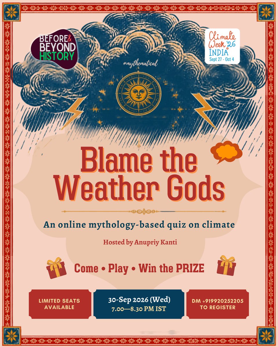 Mythematical1's tweet photo. Most cultures reasoned that whenever nature changed, someone made it do so. A goddess whose grief invented winter.

Who's really at fault? Find out in Blame the Weather Gods, a live online mythology quiz for #ClimateWeekIndia

30 Sep | 7–8.30 PM IST | Online

Register below 👇 https://t.co/TIqb49Eott