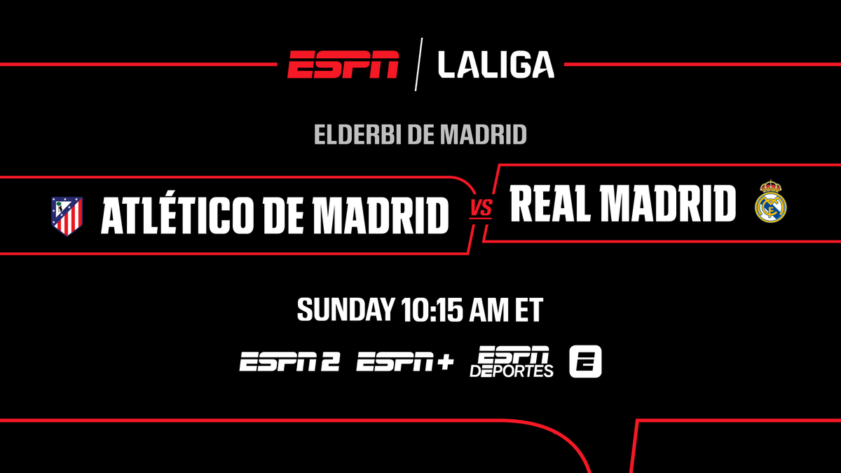 ESPNPR's tweet photo. Following a week of thrilling action across #LALIGA, #Atletico &amp; #RealMadrid meet in the 1st #ElDerbiDeMadrid of the season

⚽️ Sunday | 10:15a ET | ESPN2, ESPN+, @ESPNDeportes 

More: https://t.co/lV0MzgYsgC https://t.co/J1ERD1pxro