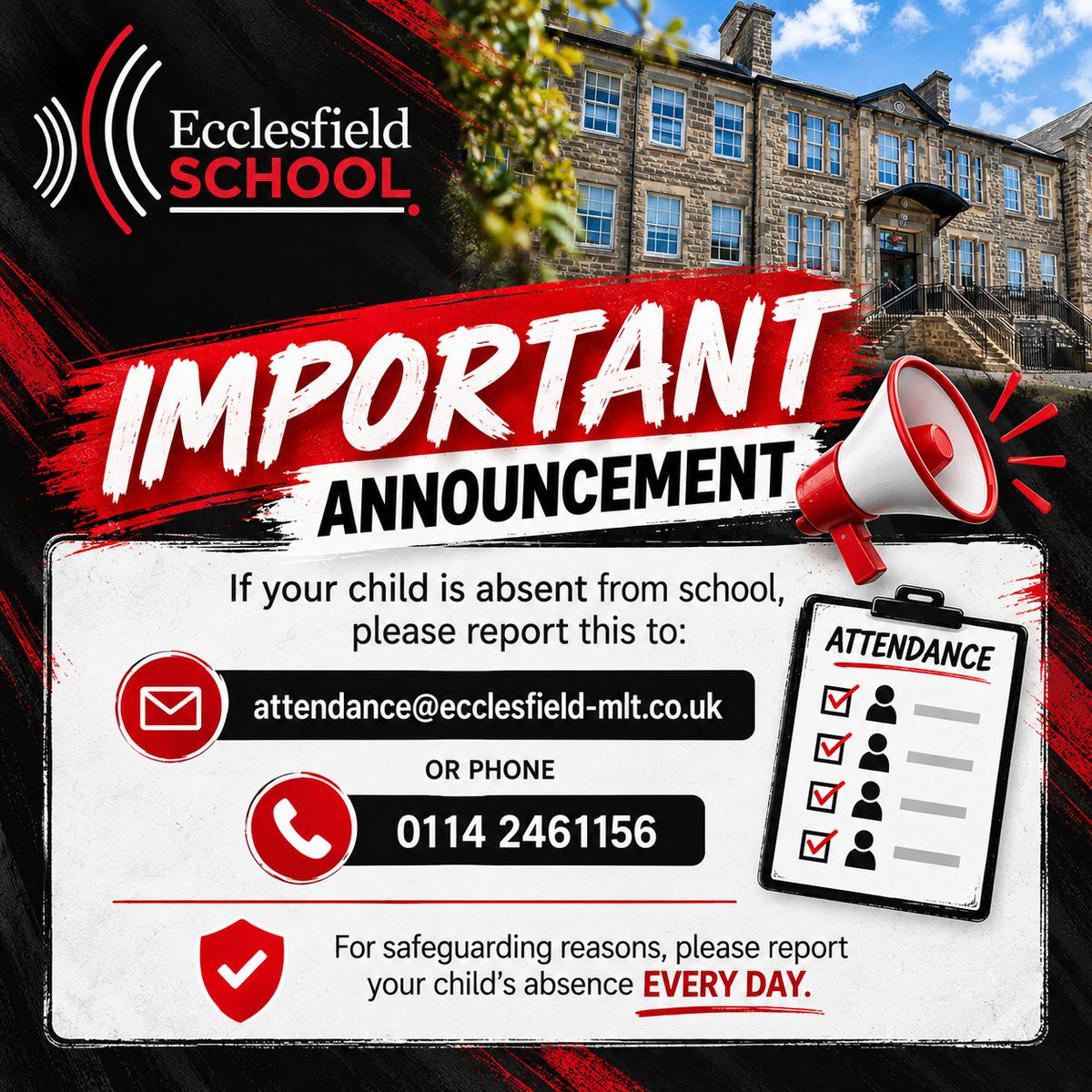 OfficialEcco's tweet photo. 📢 Important Attendance Reminder for Parents & Carers

If your child is unable to attend school, please make sure you report their absence to our Attendance Team by:

📧 attendance@ecclesfield-mlt.co.uk
 📞 0114 246 1156

✅ For safeguarding purposes, absences must be reported every day that your child is absent from school, even if you have already informed us on a previous day.

Thank you for your support in helping us keep all students safe and accounted for.

 #AttendanceMatters #EcclesfieldSchool #Safeguarding #WorkingTogether