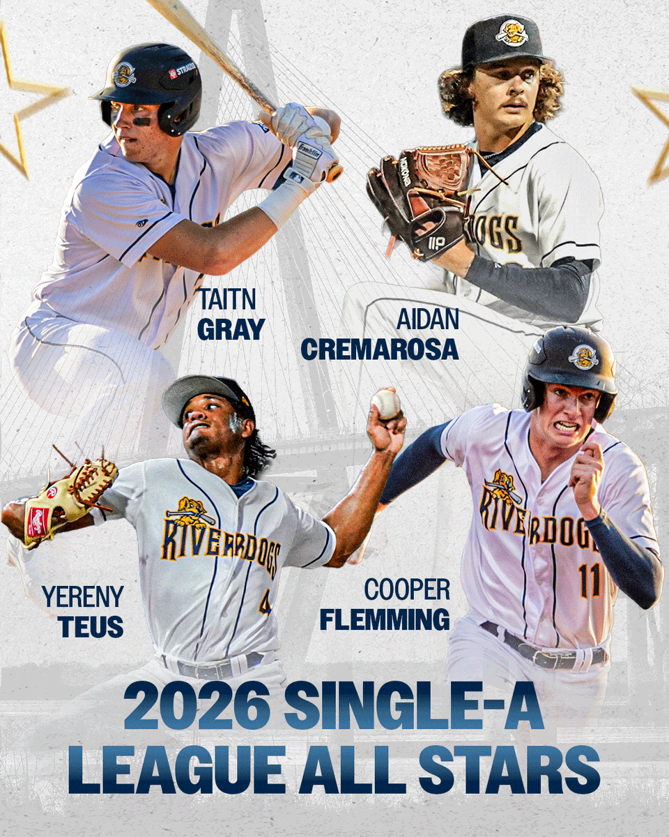 ChasRiverDogs's tweet photo. The stars were out in Charleston 🤩

Cooper Flemming - Carolina League MVP and All-Star
Aidan Cremarosa - Carolina League Pitcher of the Year and All-Star
Taitn Gray - Carolina League All-Star
Yereny Teus - Carolina League All-Star

Congratulations to our RiverDogs for receiving these awards from MiLB! We were honored to watch greatness all season long. ⚾️🥇