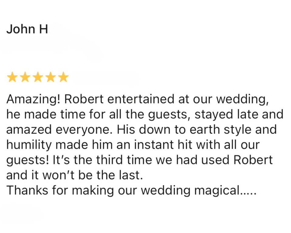 RobBone's tweet photo. Always lovely to get a 5 star review (and I'm not far off 200 on Google!). This one was left by John following me performing at his and Gemma's recent wedding at Chewton Glen near New Milton in the New Forest.

#RobertBone #CloseUpMagic #CloseUpMagician #MindReader #WeddingMagic https://t.co/EQoNjo5FDx