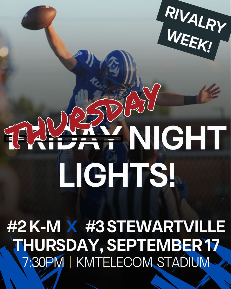 KMKoMetFootball's tweet photo. ⚠️ SCHEDULE UPDATE, PLS SHARE ⚠️
Due to the weather forecast our game this week has changed! 
New Date: Thursday, 9/17
Kickoff: 7:30 PM

Spread the word!🏈#KoMetFAMILY @KM_Activities @KTTCTV @ABC6NEWS @StribVarsity @Sports_PB @AlexVandenhout1 @MNHSFBNETWORK @MSHSL @StewieFootball https://t.co/ng1hmgDnNg