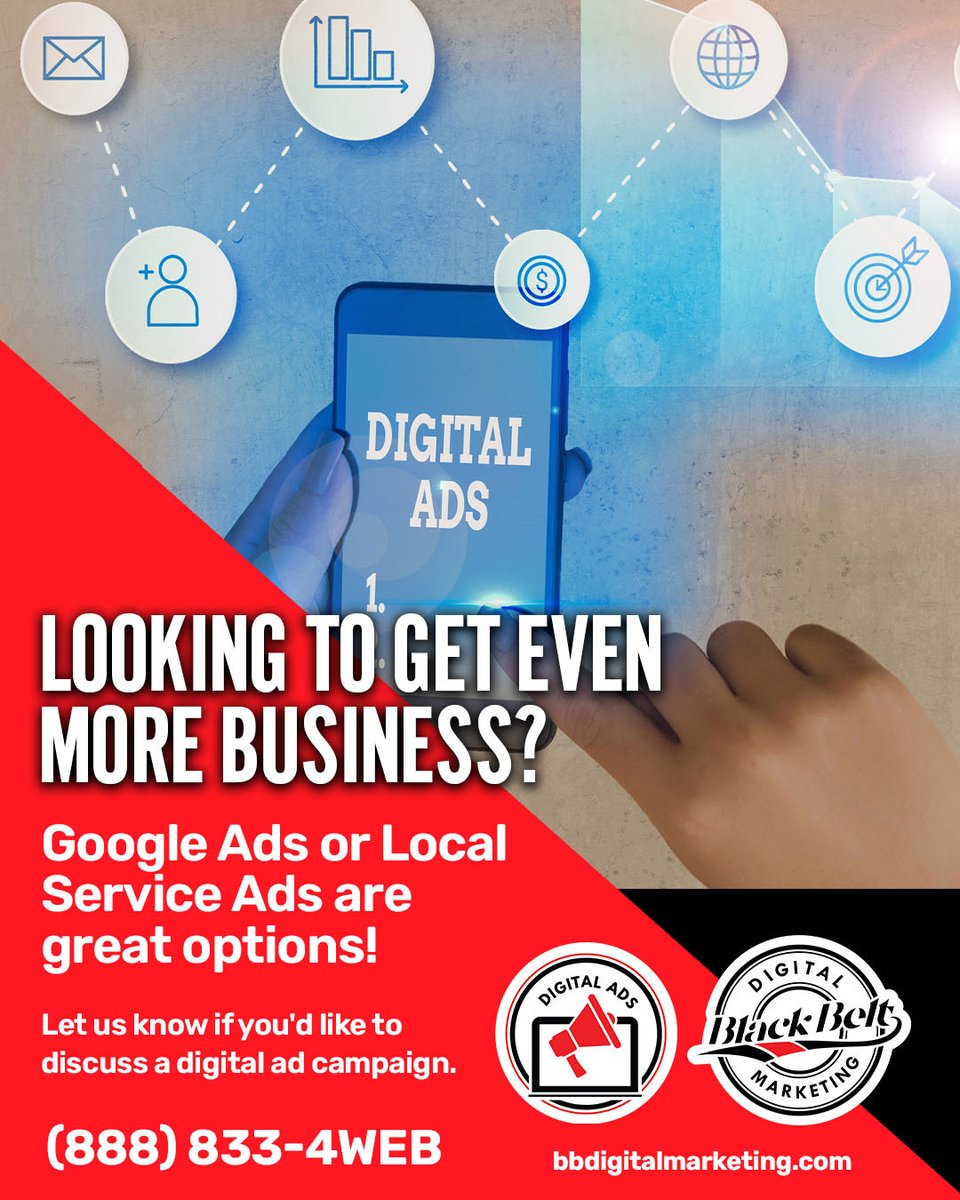 BlackBeltDig's tweet photo. 🚀 Ready for more business? Put your brand in front of customers who are already searching with Google Ads and Local Service Ads. 📈

Turn searches into leads and leads into customers.

#GoogleAds #LocalServiceAds #DigitalAdvertising #LeadGeneration #LocalSEO #DigitalMarketing https://t.co/qUMHmzNSgR