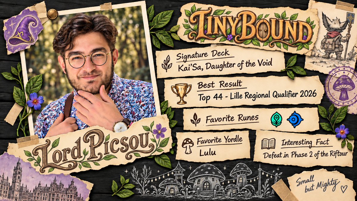 Tinybound_tcg's tweet photo. 👾Our third player reveal: LordPicsou!

With a Top 44 finish at the RQ Lille 2026 and Kai’Sa as his signature deck, he’s aiming for another strong run at Stuttgart for the Regional Championship. 

Give him a warm welcome. One more reveal to go!

Small but Mighty.
#Riftbound https://t.co/xJASe24Ngz