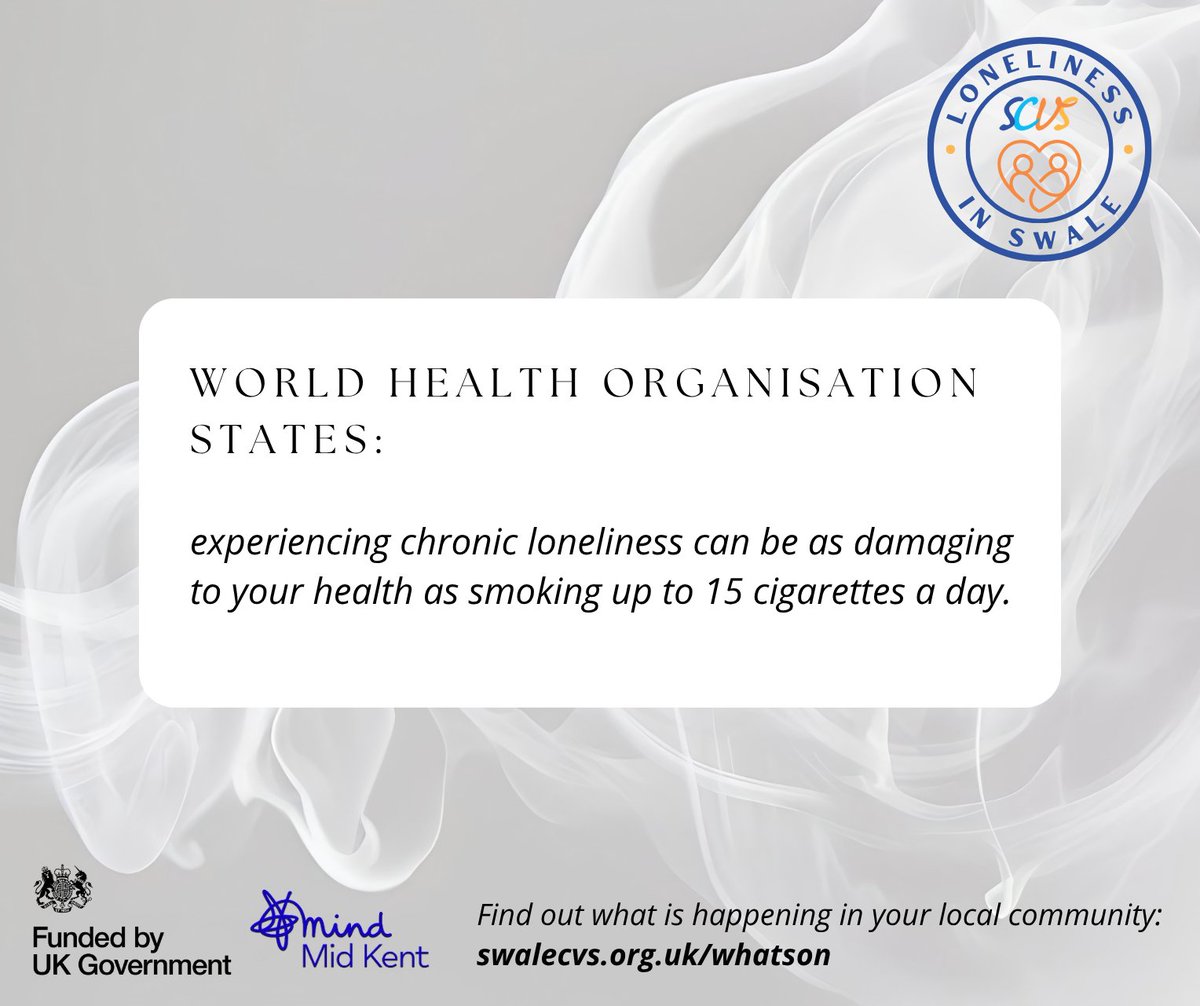 SwaleCVS's tweet photo. Loneliness can affect our health and wellbeing.
The World Health Organisation recognises chronic loneliness as an important public health issue, with evidence showing that its impact on health can be comparable to other well-known health risks.
https://t.co/VEC4EFqG8a https://t.co/mOrjSELAPN