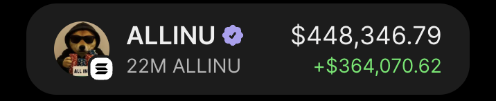meilinxbt's tweet photo. today i made over $440k on $ALLINU.

this is impossible to believe, i'm officially retired.

after years of grinding, sleepless nights, and days without eating, i finally made it.

all the hard work, every tear, it was all worth it.

it's insane how the trenches can completely change your life.

thank God i've been able to achieve all my dreams.