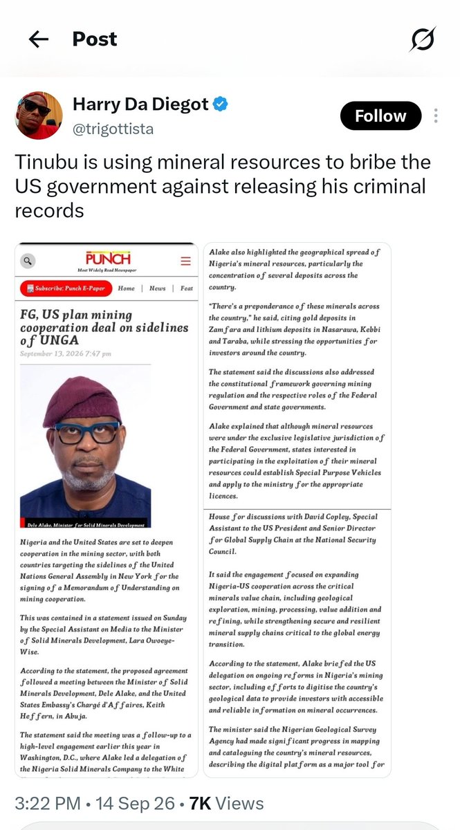 batten_von's tweet photo. This is Dr. Von Batten. This is what I feared. It is spreading across Nigeria that Nigeria's President Tinubu (@OfficialABAT) bribed the Americans. With President #Tinubu pushing hard for a meeting with President @realDonaldTrump at the @UN General Assembly this month, while actively fighting in U.S. federal court to prevent the release of his alleged #heroin-trafficking files, arranging to sign a U.S. mining deal with the Nigerians was highly problematic.

This is especially true given reports that senior #Nigerian officials are bragging that they have “settled the Americans”—“settle” being a Nigerian phrase for a bribe. Now, I doubt that the Nigerians #bribed anyone in the Trump Administration, but agreeing to a mining deal with the Nigerian President who is fighting to keep his FBI and DEA drug-trafficking files hidden only strengthens the false "settled" accusations 

Everything must be done to protect the integrity of the United States and our President.

@JDVance @WhiteHouse @SecRubio @StateDept @AsstSecStateAF @TheJusticeDept @FBI @DEAHQ @HouseForeignGOP @HouseForeign @SenateForeign @SFRCdems @USUN @USAmbUN @michaelgwaltz @JudiciaryGOP @HouseJudiciary @JudiciaryDems @Jim_Jordan @washingtonpost @politico @CNN @PressSec