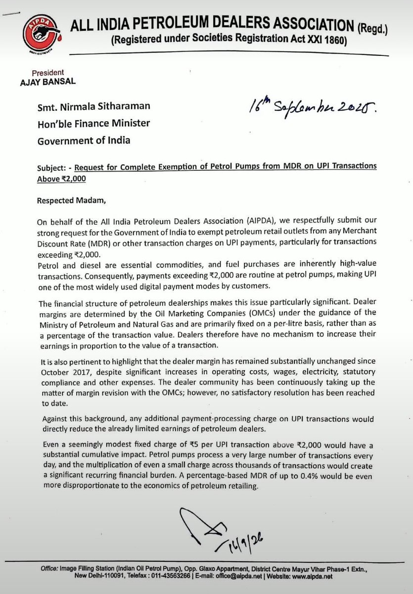 DikshaKandpal8's tweet photo. All India petroleum dealers association writes to Nirmala Sitharaman, requesting complete exemption of Petrol Pumps from MDR on UPI transactions, saying even a ₹5 per UPI transaction above ₹2000 would have a substantial cumulative impact on them. https://t.co/bCJ9ChoSvt