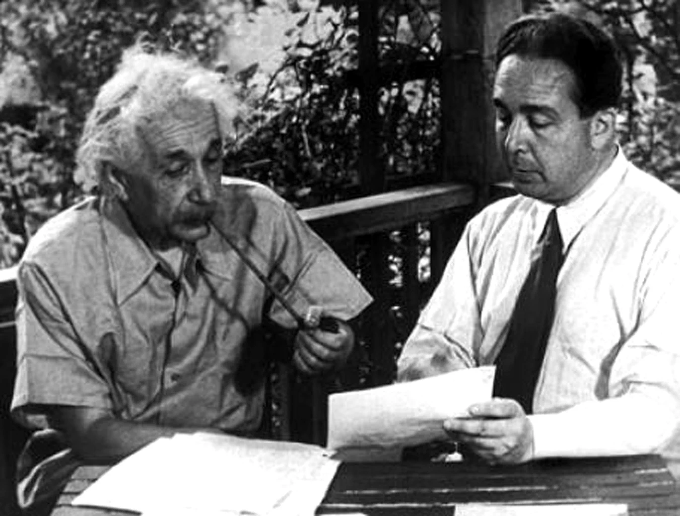 Albert Einstein and Leo Szilard reenacting their discussion of the 1939 letter to President Roosevelt. Szilard conceived the nuclear chain reaction in 1933 after reading Rutherford’s dismissal of practical atomic energy, and spent the rest of his career seeking to protect civilization from misuse through secrecy and selective disclosure. From the 1946 documentary Atomic Power.