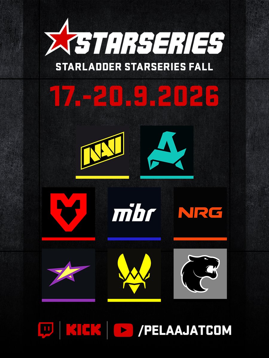 PelaajatCom's tweet photo. 🔥StarLadder StarSeries Fall alkaa torstaina!

Turnaus pelataan 17.–20. syyskuuta Barcelonassa, ja panoksena on mestaruuden lisäksi 500 000 dollarin palkintopotti. Kahdeksan joukkueen turnauksessa nähdään muun muassa MOUZ, Vitality, NAVI, FURIA ja Aurora.

🇫🇮 Suomalaisedustusta:
• Natus Vincere – Aleksi ”Aleksib” Virolainen
• Aurora – Jimi ”Jimpphat” Salo

⚔️Torstain avausottelut (BO3):
• MOUZ 🆚 NRG 13:00
• Vitality 🆚 magic 15:30
• NAVI 🆚 Aurora 18:00
• FURIA 🆚 MIBR 20:30

🎙️Selostamossa:
@ArttuHamalainen 
@Oonraimo 
@sLowiCSGO 
@TwistaCSGO 
@SamppaCS2 

📺Katso koko turnaus suorana ja suomeksi selostettuna Pelaajatcomin Twitchissä, Kickissä ja YouTubessa!

#esportsfi #cs2 #StarLadder #counterstrike #eurheilu