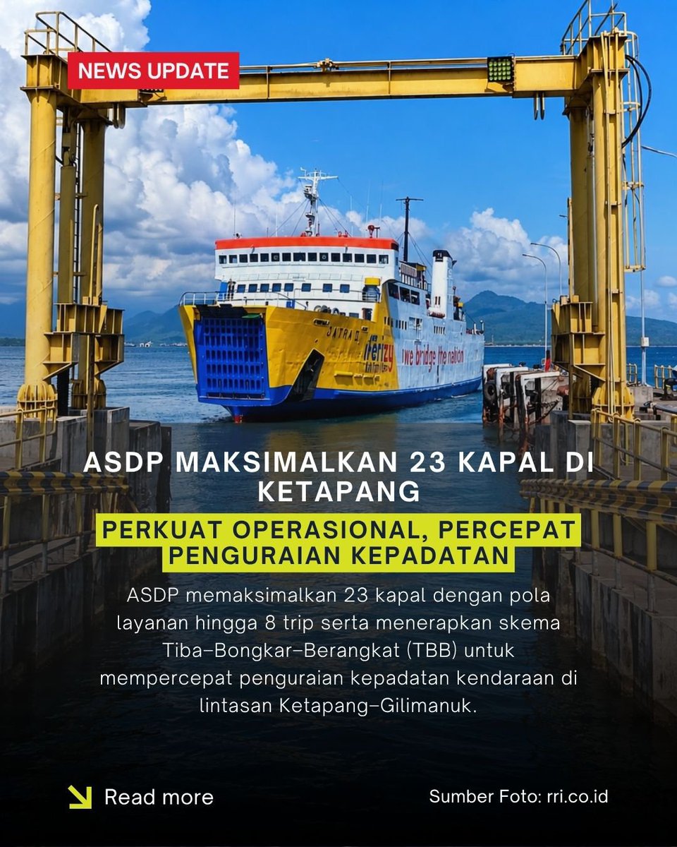favorit3172's tweet photo. 23 Kapal Dimaksimalkan untuk Urai Antrean Ketapang

ASDP terus memperkuat operasional di lintasan Ketapang–Gilimanuk untuk mempercepat penanganan kepadatan kendaraan. Sebanyak 23 kapal dimaksimalkan dengan pola layanan hingga 8 trip melalui Dermaga MB dan LCM, menyesuaikan https://t.co/dly3f8Vpjz