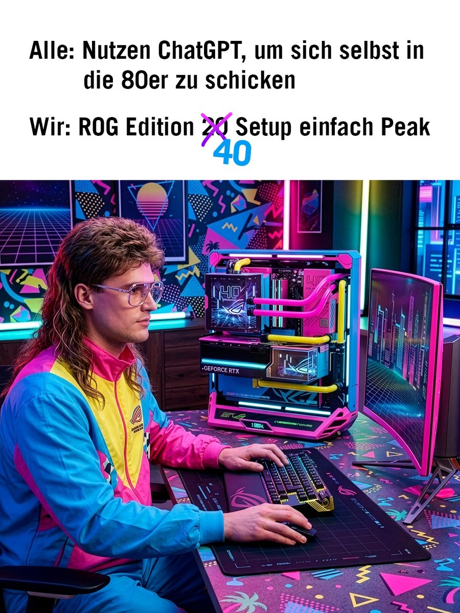 asusrogde's tweet photo. 80s Trend? Let's gooo: Unser Lineup, wenn wir dieses Jahr nicht 20, sondern 40 Jahre #ROG gefeiert hätten. 😏

Wie gefällt’s euch? 👇

#ASUSROG #80s #Trend #Retro #GamingSetup https://t.co/kOWkpu7tCF