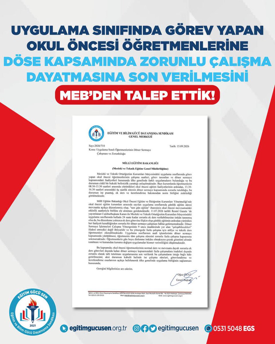 egitimgucusen's tweet photo. Uygulama sınıflarında görev yapan okul öncesi öğretmenlerinin eğitim faaliyetleri sonrasında döner sermaye kapsamında zorunlu çalışmaya tabi tutulması, kurumlar arasında farklı uygulamaların ortaya çıkmasına ve çalışma süreleri, puantaj, ek ders ve ücretlendirme bakımından mağduriyetlere neden olabilmektedir. Öğretmenlerin normal ders ve zorunlu ek ders görevleri dışında kalan çalışmalarının açık ve hakkaniyetli şekilde düzenlenmesi gerektiğini vurguladık.

Bu nedenle; döner sermaye kapsamındaki fazla çalışmaların öğretmenlerin iradesi dışında zorunlu tutulmasına son verilmesini ve isteğe bağlı hâle getirilmesini, aksi durumda çalışma süreleri, görevlendirme ve ücretlendirme esaslarının açıkça belirlenerek ülke genelinde uygulama birliğinin sağlanmasını MEB’den talep ettik.

🔎 Detaylar için web sitemizi ziyaret edebilirsiniz.

👉 https://t.co/fanZKeTKq5
