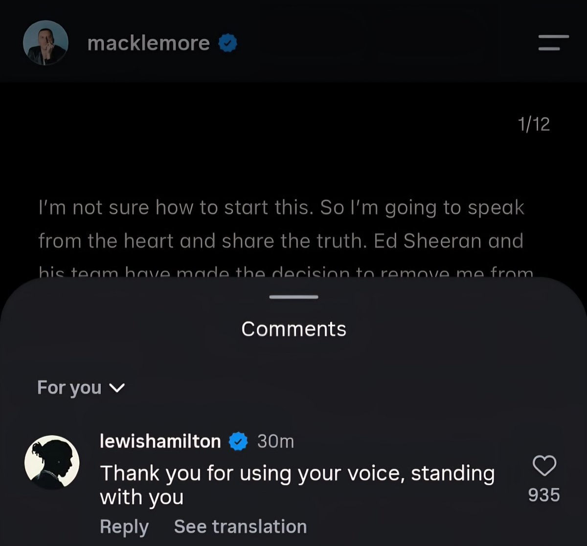 LH44Fanpage8's tweet photo. Lewis Hamilton left a comment on Macklemore post, Macklemore addressed what happened between him and Ed Sheeran and reaffirmed his continued support for Palestine 

Lewis comment
"Thank you for using your voice, standing with you" https://t.co/KQ6FCsOUWA