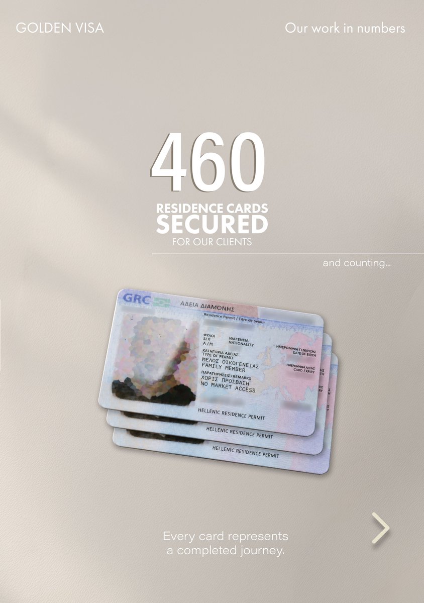 SantheosGreece's tweet photo. FROM GOLDEN VISA APPLICATION TO GREEK RESIDENCE CARD 🇬🇷

460 Greek Golden Visa residence cards secured for our clients — and counting.

Behind every residence card is a process we manage from start to finish: from the initial Golden Visa application and document coordination to biometrics and the issuance of the final residence permit in Greece.

Want to understand the journey from application to residence card?

🔗 Read our step-by-step guide to the Greek Golden Visa process, including biometrics and residence card issuance:
https://t.co/JpIuqpjJhv

📩 Have a specific case? Contact our team to discuss your Greek Golden Visa application.

.
.
.

#santheos #greekgoldenvisa #goldenvisagreece #greekresidencepermit #residencyingreece