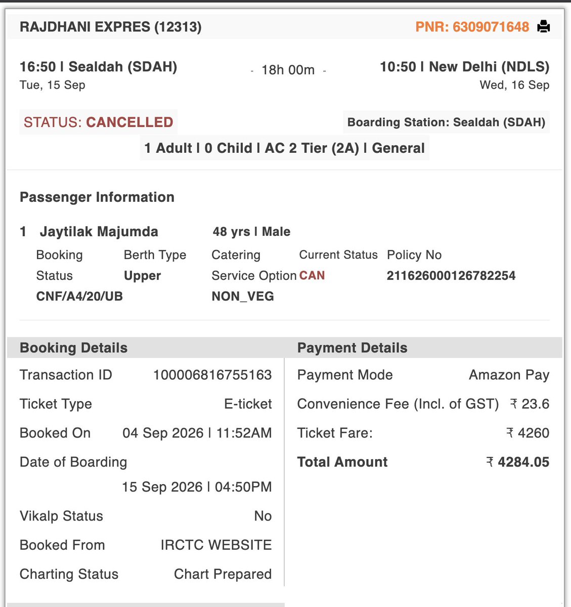 tanish3435's tweet photo. @IRCTCofficial 
I had cancelled this ticket but I haven't yet received the refund for it neither on my upi nor on amazon. Can you clarify where the refund has been processed. https://t.co/scogdJSrHa