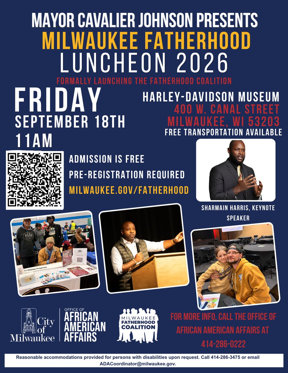cityofmilwaukee's tweet photo. Join @MayorMKE for the FREE MKE Fatherhood Luncheon on 9/18! 

This year’s luncheon will formally launch the Milwaukee Fatherhood Coalition!

📅: Friday, September 18th at 11 am
📍: Harley-Davidson Museum, 400 W. Canal St
🔗: https://t.co/fU9MFvnHGk

#Milwaukee #Fatherhood https://t.co/42BLdV0Z8c