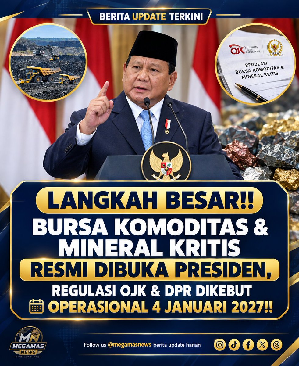 MegamasNews's tweet photo. Presiden Prabowo Subianto akan meresmikan Bursa Komoditas dan Mineral Kritis atau Indonesia Commodity Exchange pada 17 September 2026. Bursa ini ditargetkan mulai beroperasi penuh pada 4 Januari 2027 untuk memperkuat ekosistem perdagangan mineral dari hulu hingga hilir. #viral https://t.co/xCGgVWGlZ4
