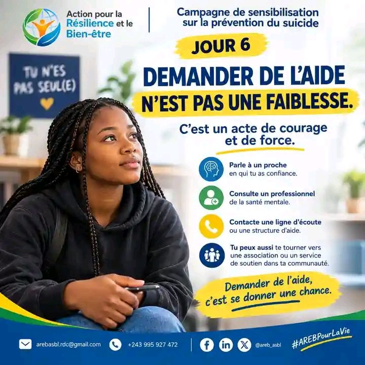 MukilaJeff3's tweet photo. #10JoursPourLaPréventionduSuicide #AREB #SeptembreJaune #PréventionDuSuicide #SantéMentale
Action pour la Résilience et le Bien-être - AREB DRC Bureau régional de l'OMS pour l'Afrique - AFRO Organisation mondiale de la Santé en RDC UNICEF en RDC John Bashizi Rusengo https://t.co/fAEYUTZiOE