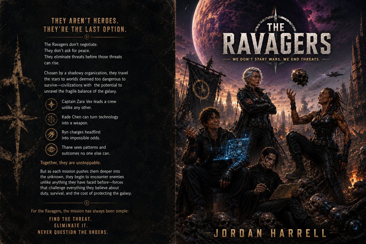 JordanHwriter's tweet photo. Captain Zara Vex and her crew are the Ravagers—elite operatives sent across the galaxy to eliminate civilizations deemed too dangerous to survive.

Their missions are simple: identify the threat, carry out the order, and move on.

But when a routine assignment leads them to worlds unlike anything they have faced before, the crew begins to encounter enemies that challenge everything they believe about duty, survival, and the true cost of protecting the galaxy.

Packed with explosive action, dark moral choices, and unforgettable characters, The Ravagers is a gripping science fiction adventure that asks one haunting question:

Who decides which worlds deserve to live?

The Ravagers free on Amazon now!
https://t.co/KgKeJ2Loae
#FreeBooks #indieauthor #sciencefictionbooks #fantasy #ebook