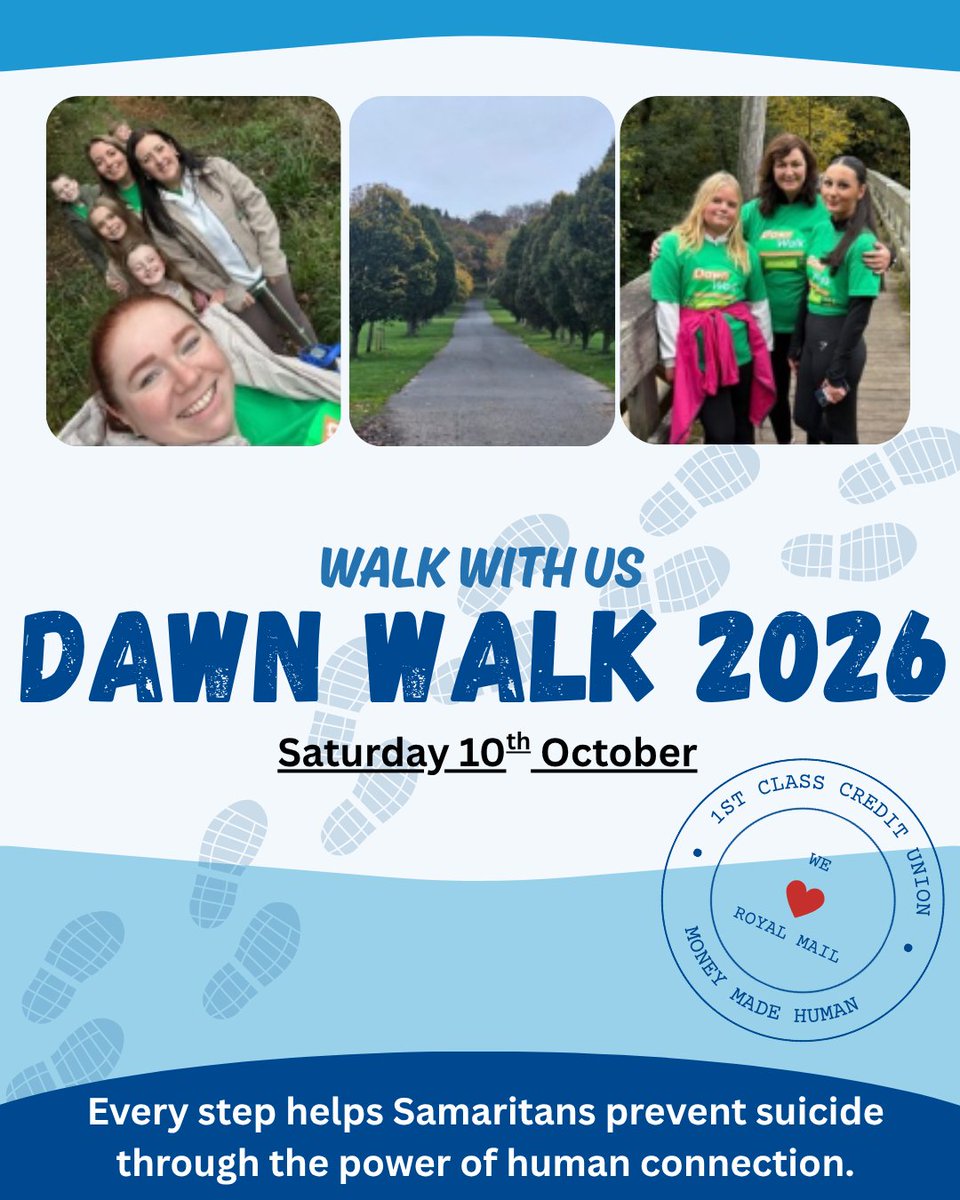 1stClassCU's tweet photo. We’re taking on the @Samaritans Dawn Walk again! 💚

On 10 October—#WorldMentalHealthDay—we’ll walk 5K at sunrise in Glasgow.

Everyone is welcome, and we cant wait to walk with our friends at @RoyalMail. Join us in Glasgow or walk wherever you are! 🌅🥾

#DawnWalk https://t.co/AYpjr8QhzL
