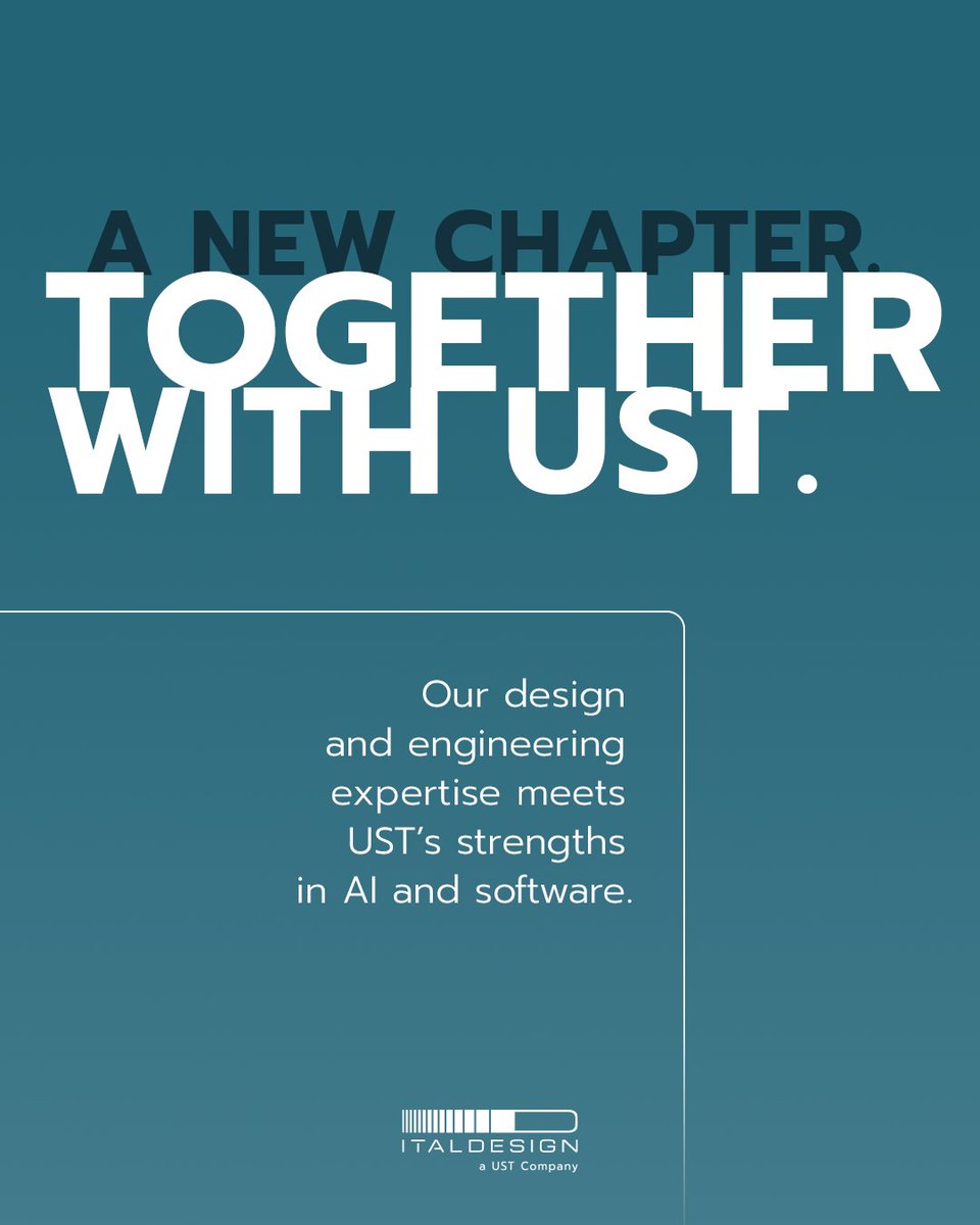 italdesign's tweet photo. Our next chapter brings new possibilities.
Now, as a @USTglobal company, we’re bringing together design, engineering, AI and software to deliver integrated product development services.
New capabilities, with the values and creative spirit that always defined us. #Italdesign #UST https://t.co/S7aho65qy6