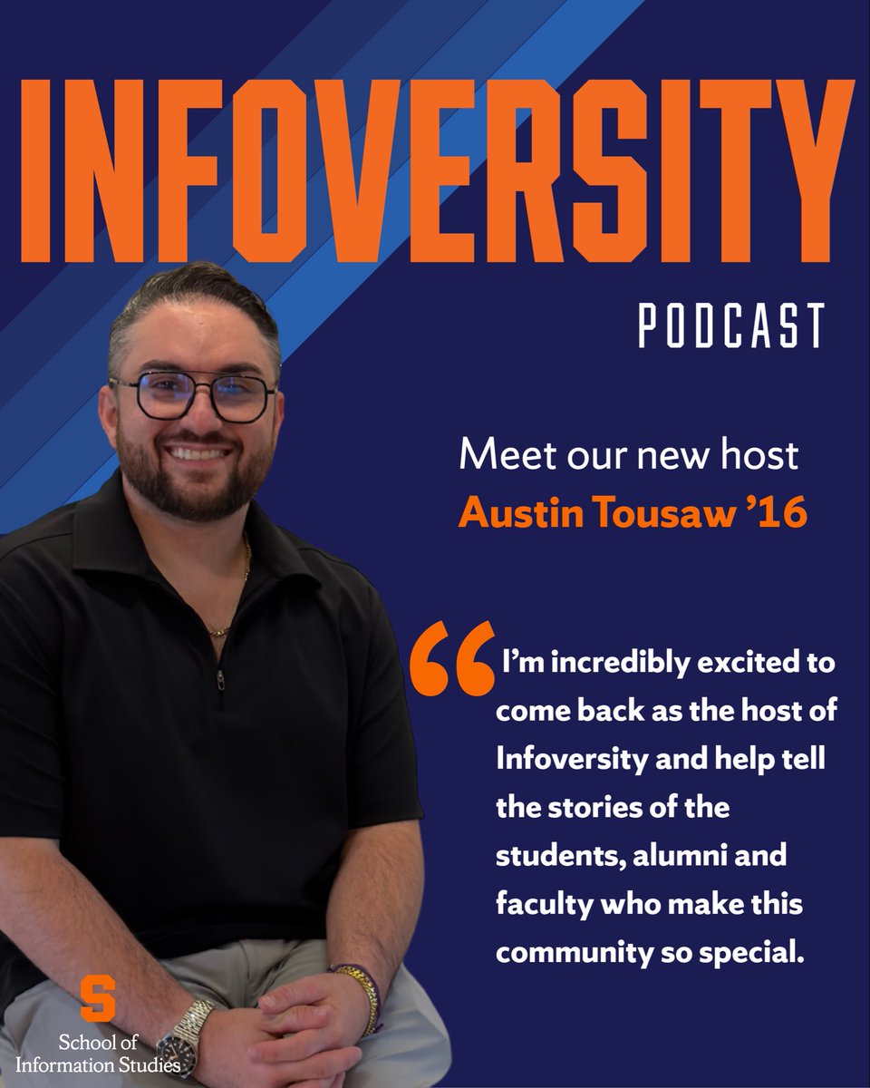 iSchoolSU's tweet photo. Meet the new host of Infoversity: iSchool alumnus Austin Tousaw ’16!

Austin is a technology leader whose career has taken him across cybersecurity, data, privacy and tech, but his connection to the iSchool has never gone away. Read more: https://t.co/gjCesEq4bR https://t.co/p4tmetjixn