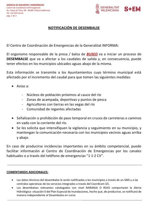 VOSTcvalenciana's tweet photo. ⚠️El Centro de Coordinación de Emergencias #CCE de la @Generalitat informa que se van a realizar desembalses en el Embalse del #Buseo en #Chera que puede suponer un incremento de caudales en la cuenca aguas abajo.
Se informa a municipios afectados que tomen medidas de prevención https://t.co/E4yzgW6mih