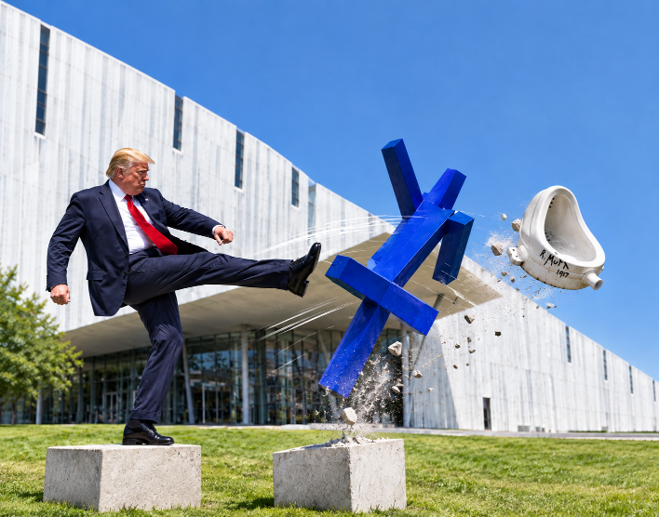 GermanArtII's tweet photo. DONALD TRUMP ENDS MODERN ART
BACK TO REALISTIC ART
1917: Marcel Duchamp presents a urinal as a work of art.
Modern Art is was invented.
2026: Trump removes the sculpture Blue.
Modern Art is dead.
The Emperor has no clothes. The joke is over.
Time to rediscover Realistic Art - the kind of art humanity has created for more than 3,000 years.