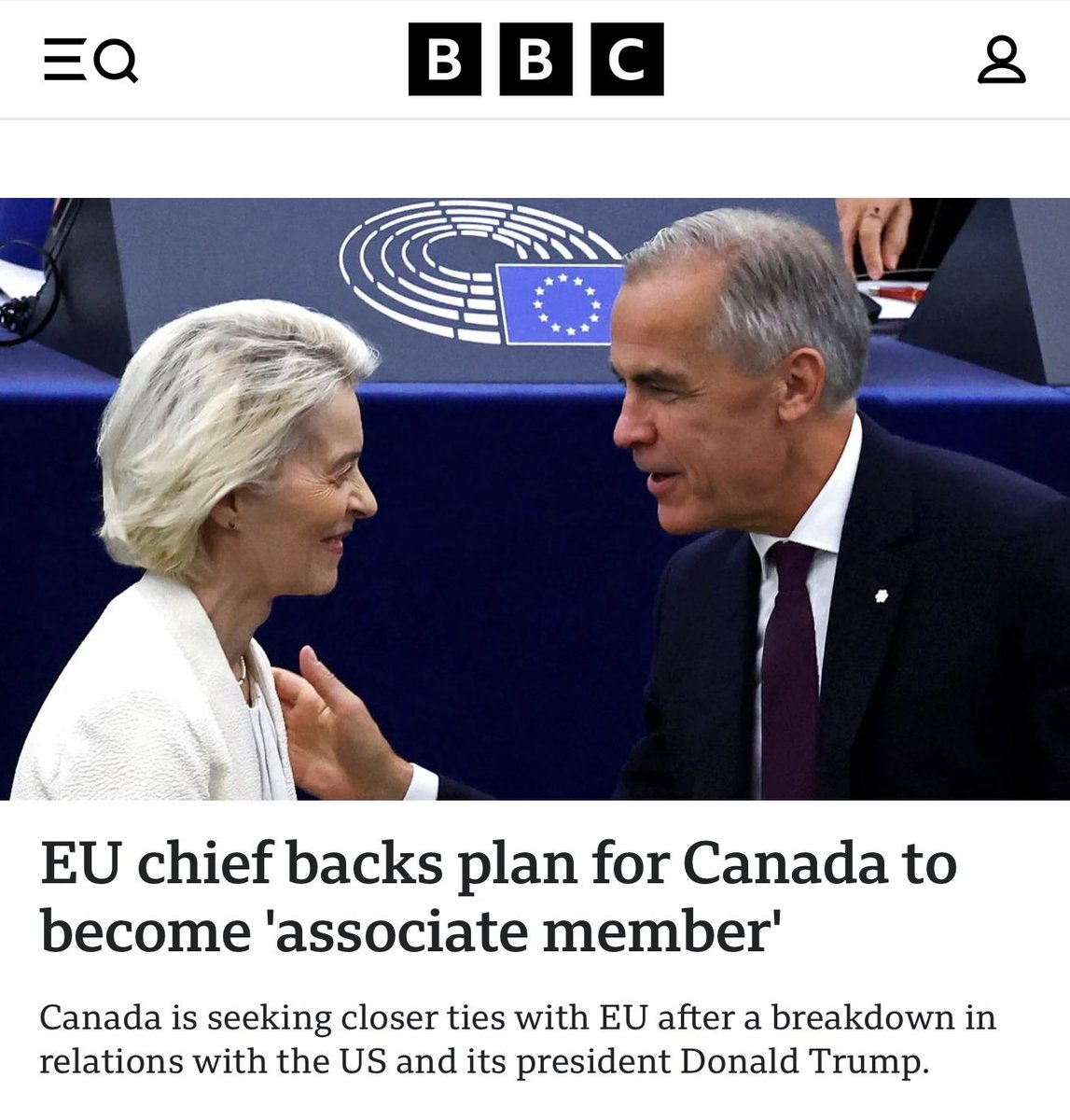 Microinteracti1's tweet photo. 🇨🇦 🇺🇦 Ukraine took one look over the border at Putin's failed regime, a petrol station with nuclear weapons, recoiled in horror and said hell no! Now Canada has peered downstairs at Trump's failed regime, seen the same thing and said hell no!

Ottawa has asked Brussels whether there is room at the table, and Ursula von der Leyen says we love you, opening the door for Canada to become the EU's first associate member.

The comparison is not a cheap one, because the mechanism is identical. Both countries share a border with a country whose leader has said out loud that they should not really exist as independent states. Putin wrote essays explaining that Ukraine was a historical accident. Trump spent years musing about a fifty-first state, slapping tariffs on his closest ally and treating a G7 democracy like its worst enemy.

And before you raise your hand, yes, Canada already borders the EU. Since 2022 it has shared a land border with the Kingdom of Denmark on Hans Island, a lump of rock in the Nares Strait between Ellesmere Island and Greenland, which the two countries split down the middle after a decades-long dispute conducted entirely with flags and bottles of schnapps. That is how civilised neighbours settle territory.

And frankly, why would anyone choose otherwise. Europe beats both Russia and the United States on every measure of a life worth living, from life expectancy to healthcare to the simple ability to send a child to school without a gun drill. Putin offers trenches and conscription, Trump offers tariffs and chaos, and Europe offers the next century.

Welcome, Canada. You picked the obvious winner.

Stay connected,
follow Gandalv @Microinteracti1
