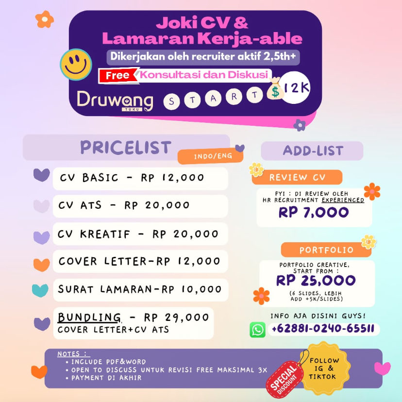 seeequoia's tweet photo. bikin CV ATS gini kak? 20k ajaa FREE Konsul dan Revisi, dikerjakan HR Recruiter aktif jalan 2,9 tahun 🍒

💌payment di akhir cus https://t.co/oSjdEWOp31
🫶Testi lolos cek akun!
#zonauang #zonajajan️️ #jokitugasmurah https://t.co/OGdyyvgaVJ
