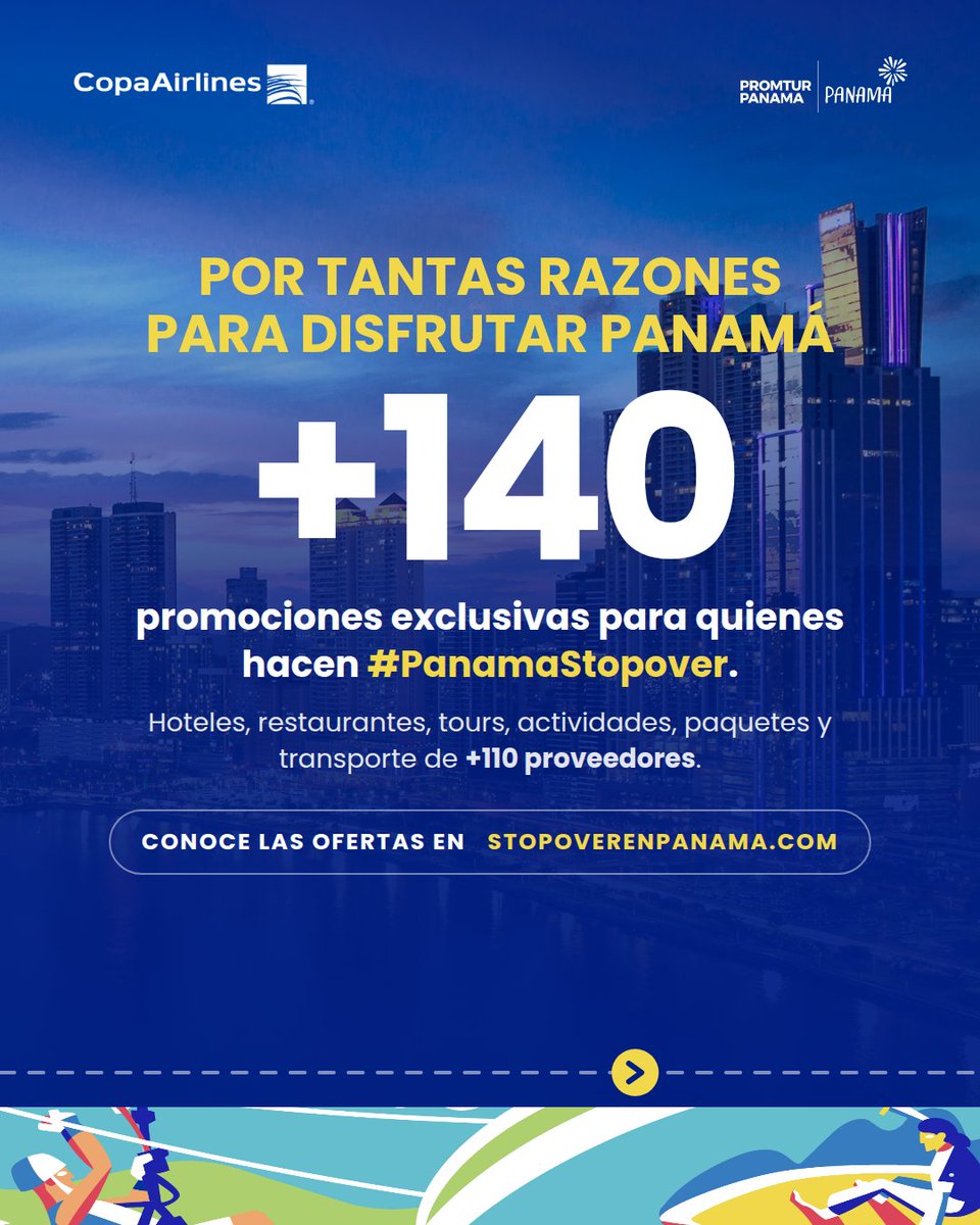 CopaAirlines's tweet photo. Cada vez más viajeros eligen Panamá y quieren descubrirlo por más tiempo. 🇵🇦✈️

Entre enero y agosto de 2026, más de 183 mil viajeros disfrutaron #PanamaStopover, un crecimiento de 36% vs. 2025. Además, las estadías de 8 a 15 días crecieron 57% entre junio y agosto.

La experiencia comienza desde el aeropuerto: #SalaPanamá ya supera las 203 mil visitas desde su apertura.

Junto a la @ATP_panama   y @promtur_panama  , seguimos convirtiendo conexiones en oportunidades para descubrir el país. 
Conoce más de 50 promociones exclusivas para pasajeros Stopover en https://t.co/jt4TLo5bBO